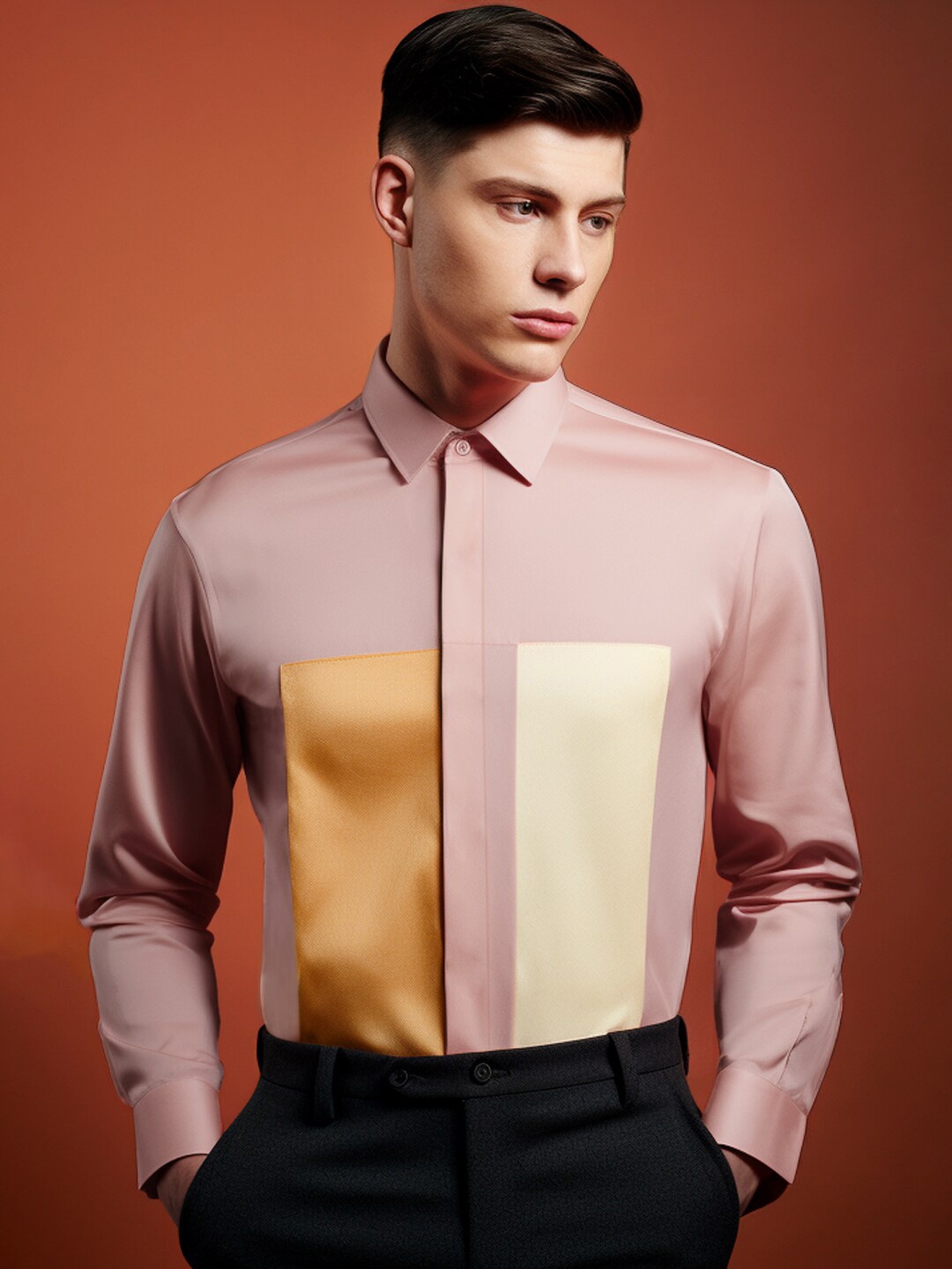 

HE SPOKE Smart Tailored Fit Colourblocked Cotton Semiformal Shirt, Pink