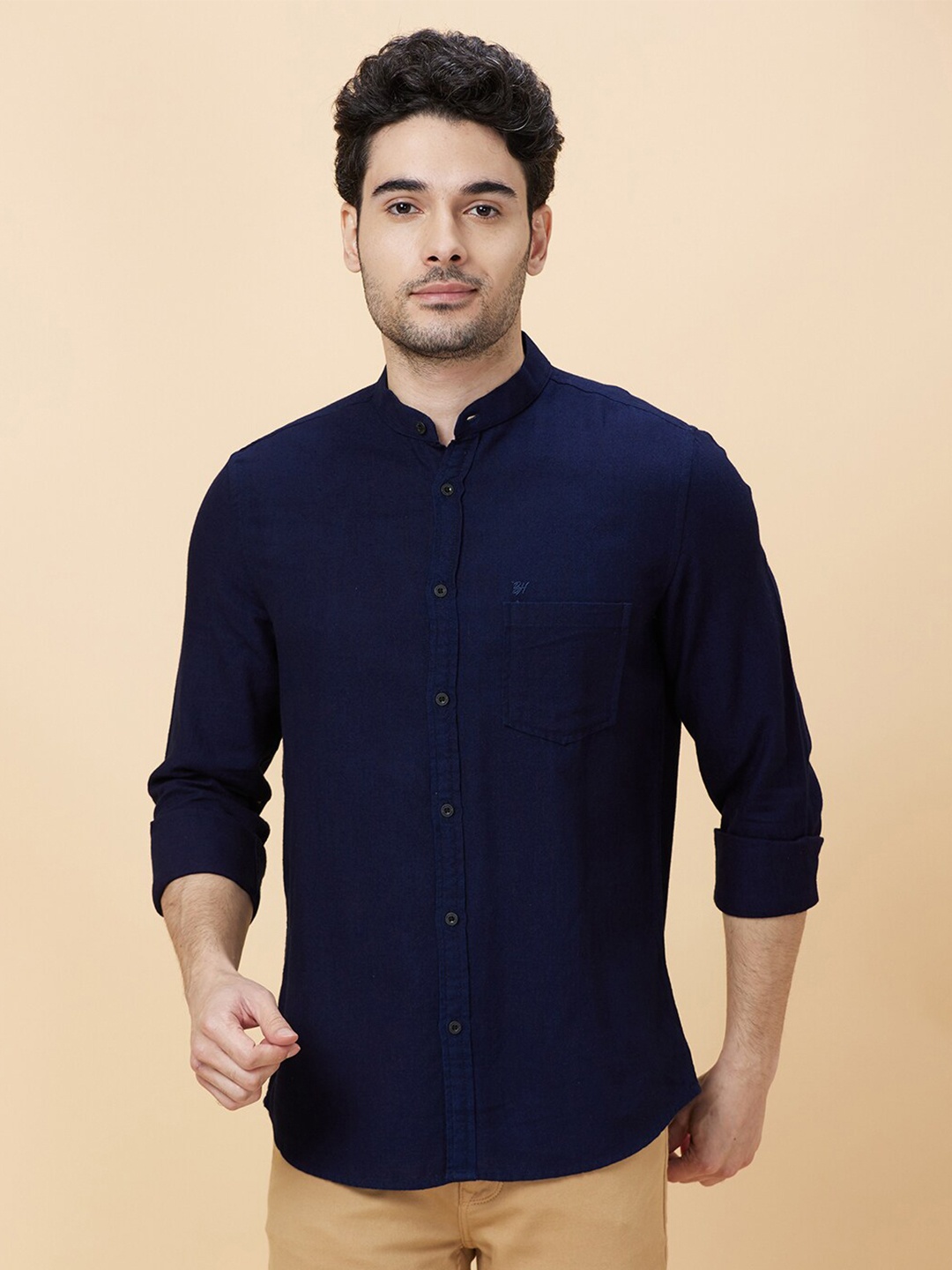 

Being Human Slim Fit Mandarin Collar Long Sleeves Casual Shirt, Blue