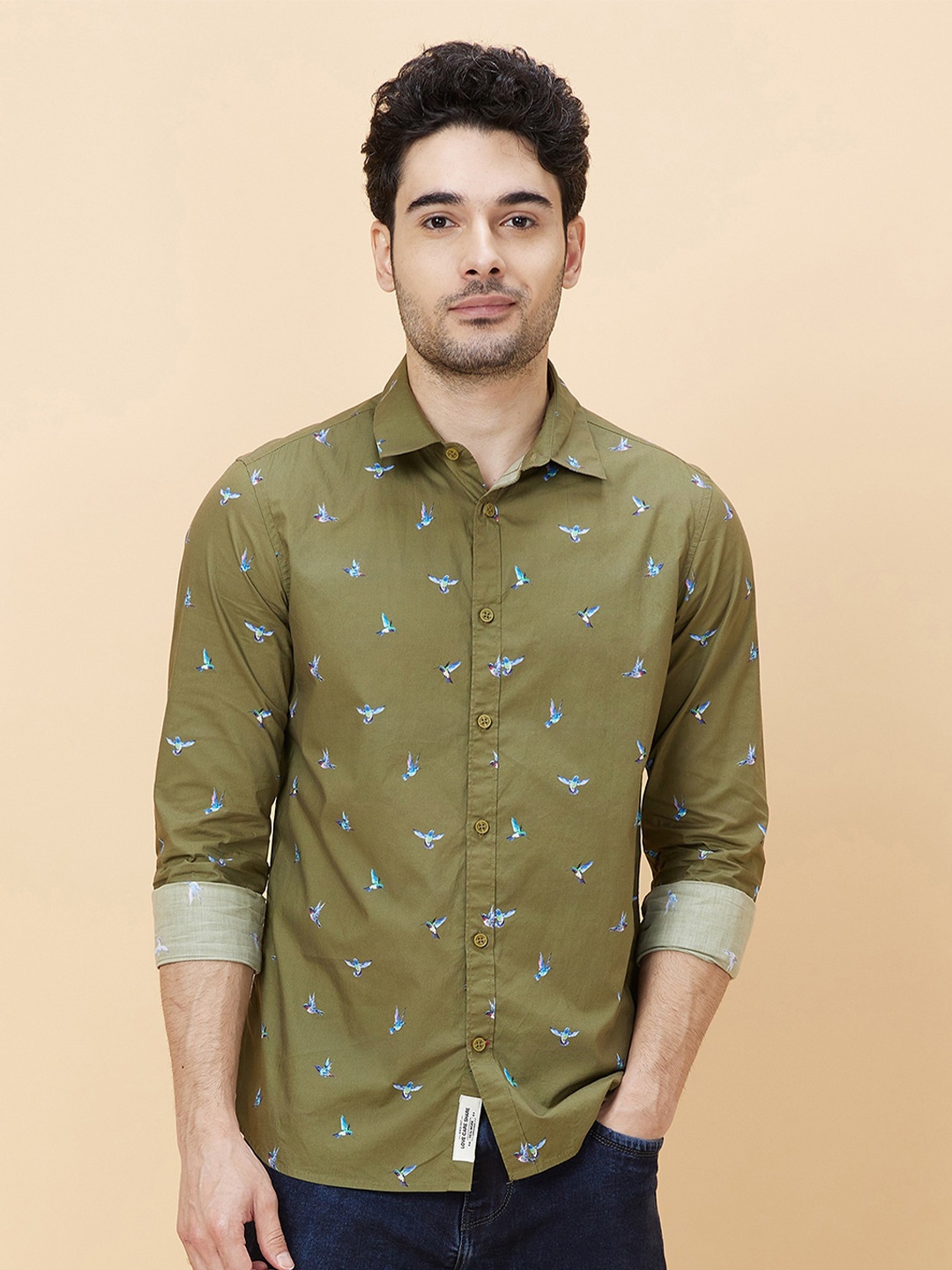 

Being Human Slim Fit Conversational Print Spread Collar Long Sleeves Casual Shirt, Green