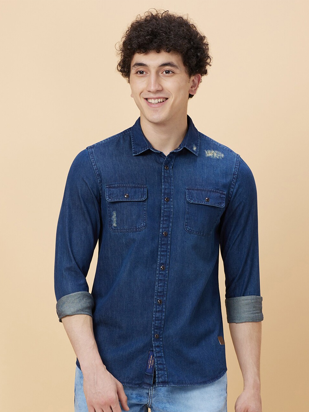 

Being Human Spread Collar Faded Slim Fit Cotton Shirt, Blue