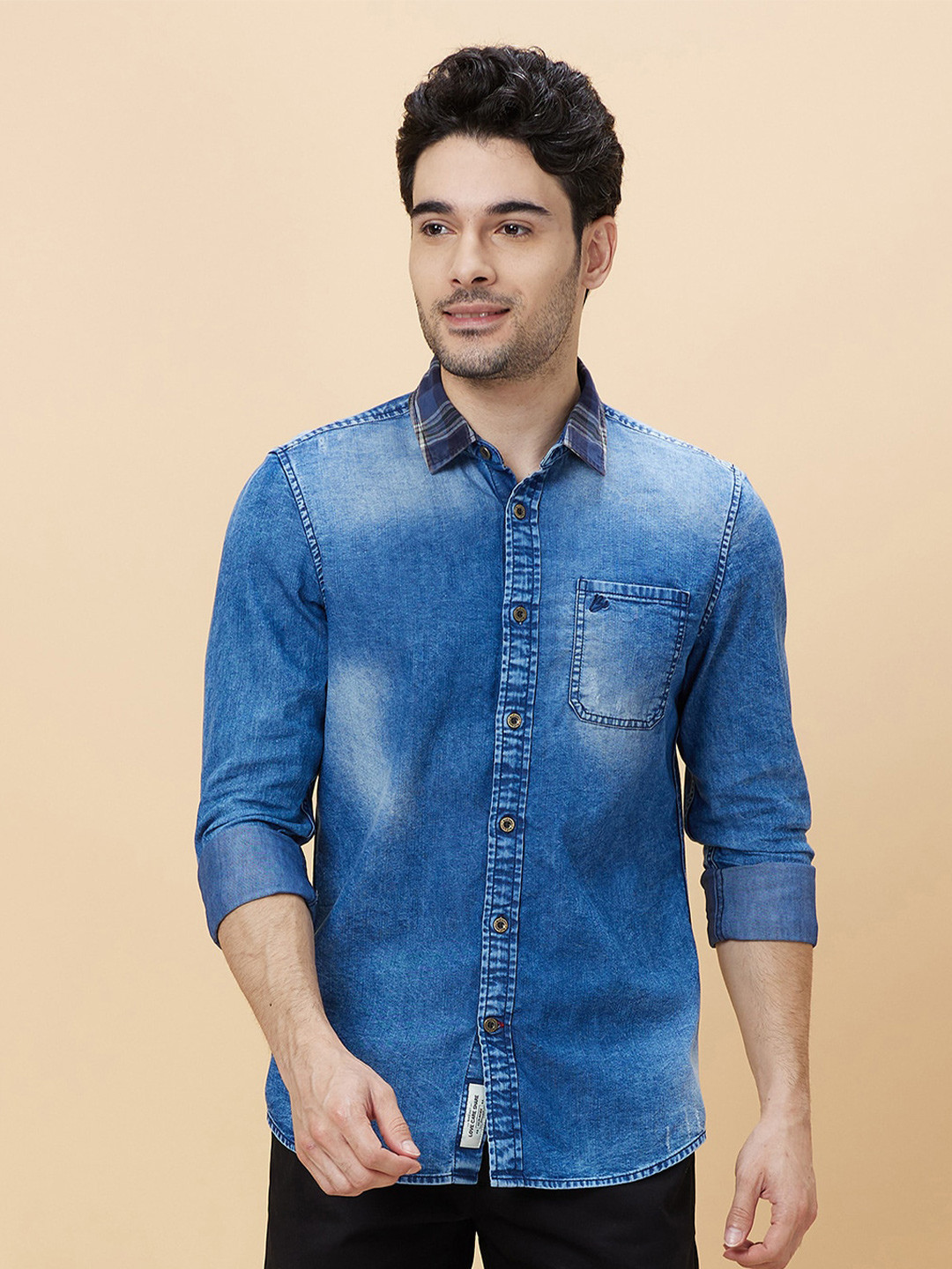 

Being Human Slim Fit Faded Spread Collar Long Sleeves Casual Shirt, Blue