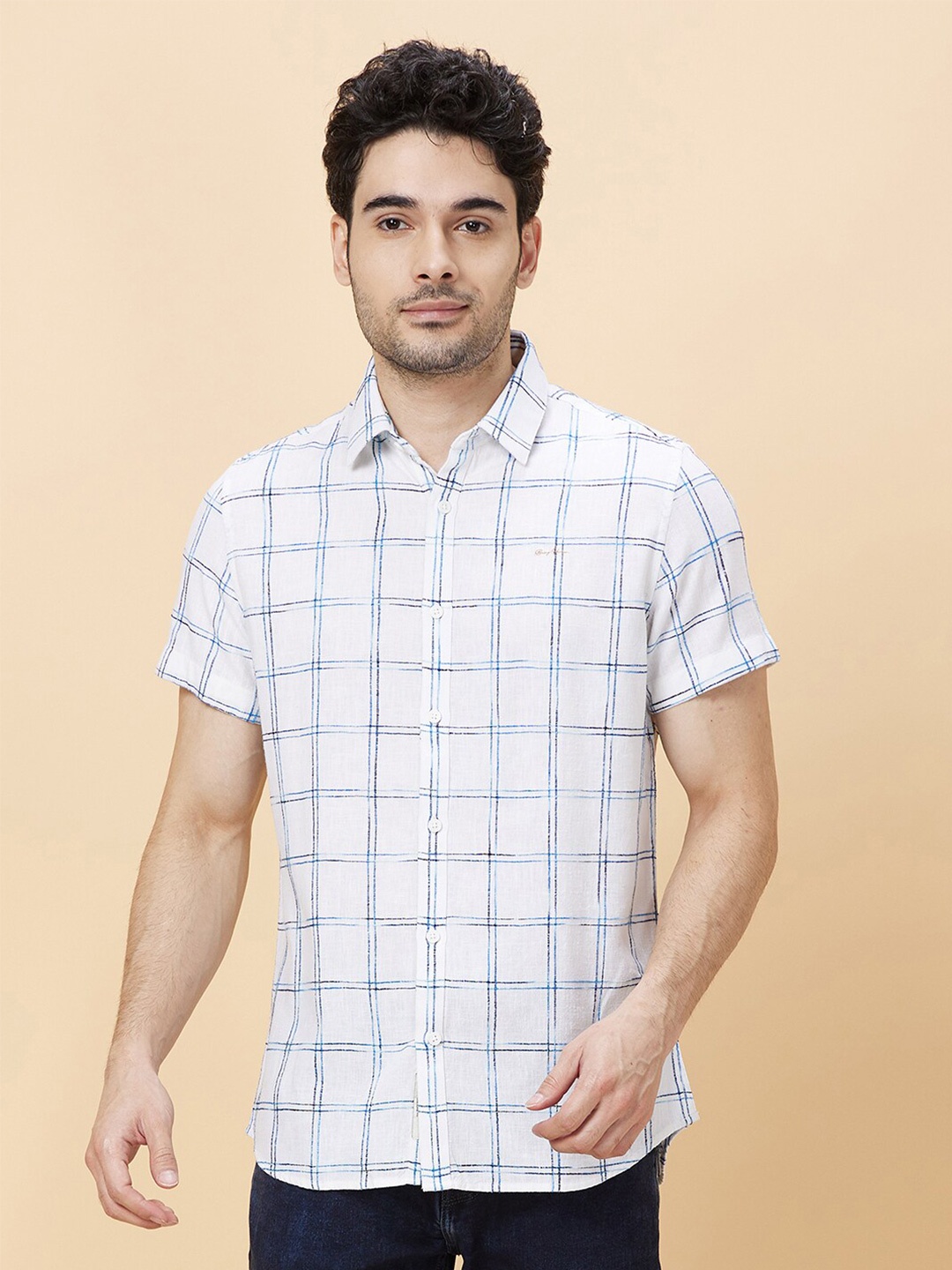 

Being Human Windowpane Checks Spread Collar Slim Fit Cotton Casual Shirt, White