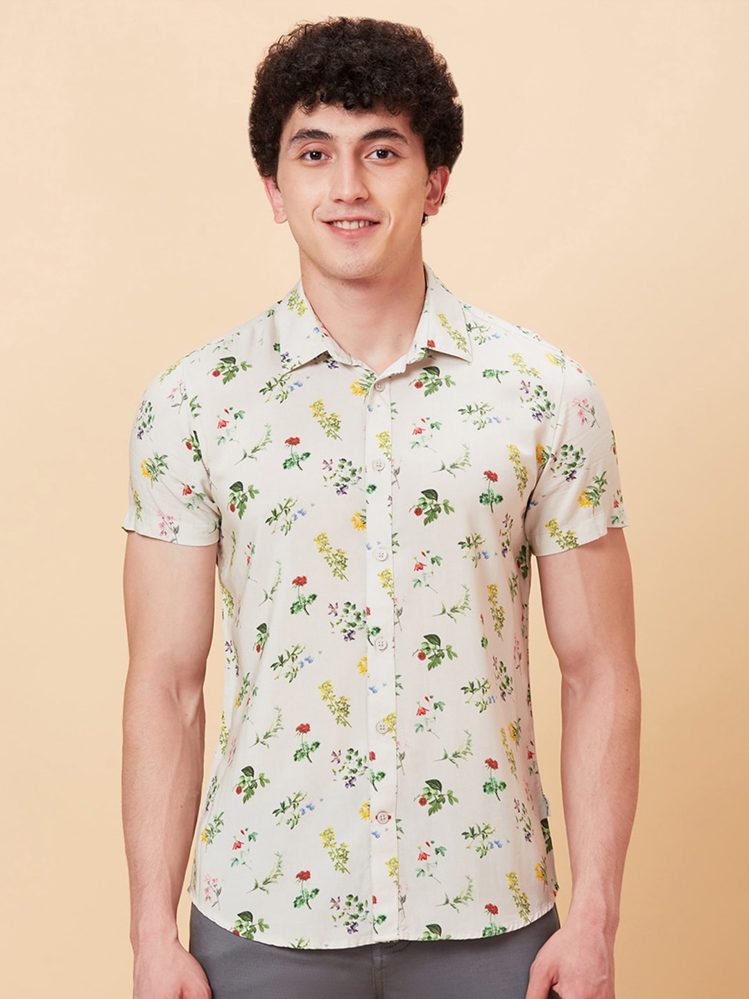 

Being Human Slim Fit Floral Print Spread Collar Short Sleeves Casual Shirt, White