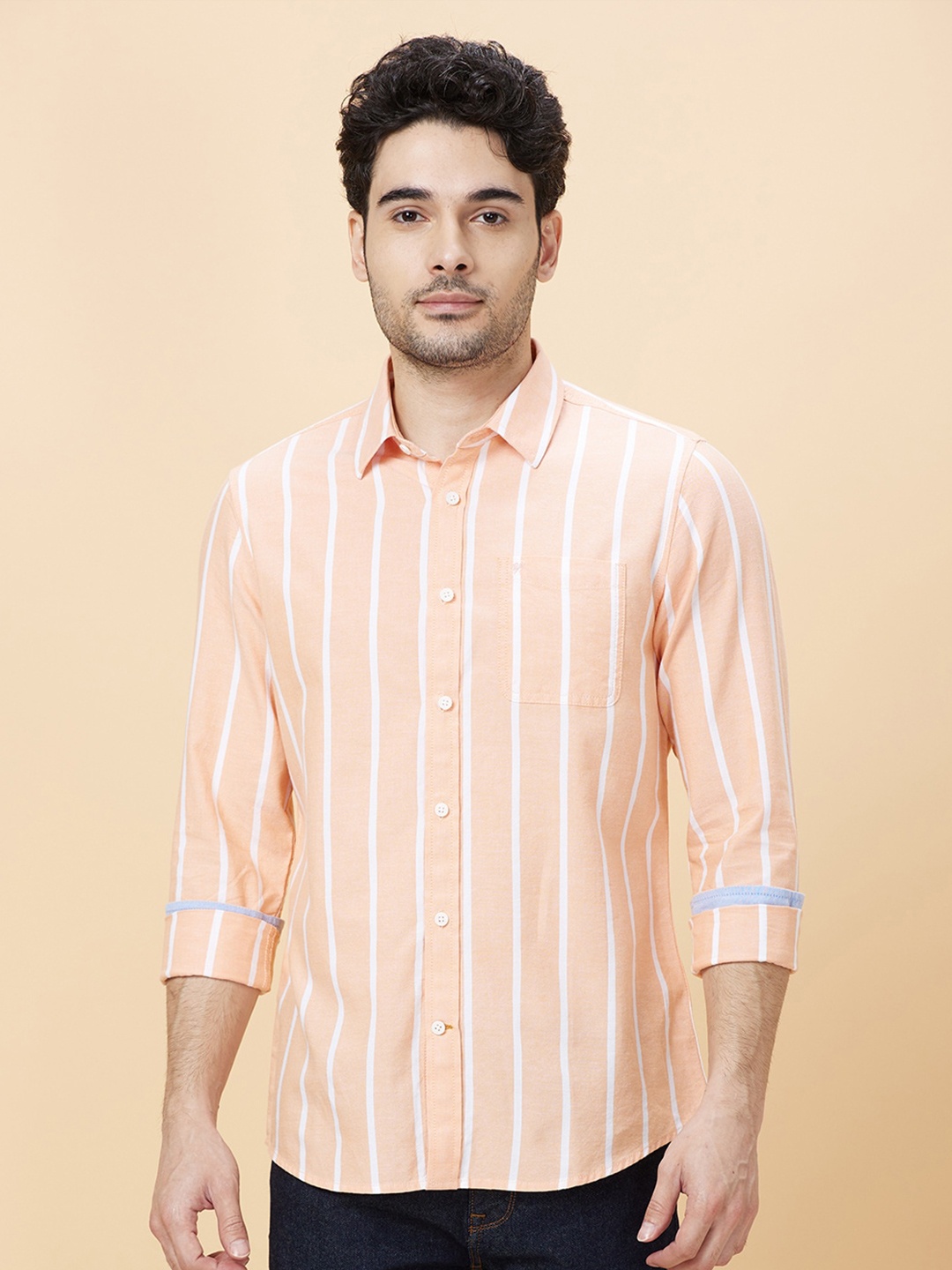

Being Human Vertical Stripes Spread Collar Slim Fit Cotton Casual Shirt, Orange