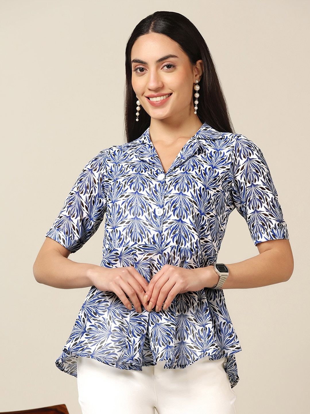 

FASHION DREAM Floral Printed Shirt Collar Peplum Top, Blue