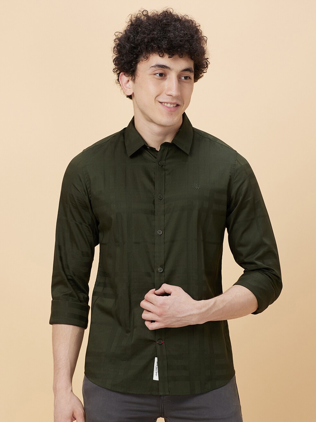 

Being Human Checked Spread Collar Slim Fit Opaque Cotton Casual Shirt, Green