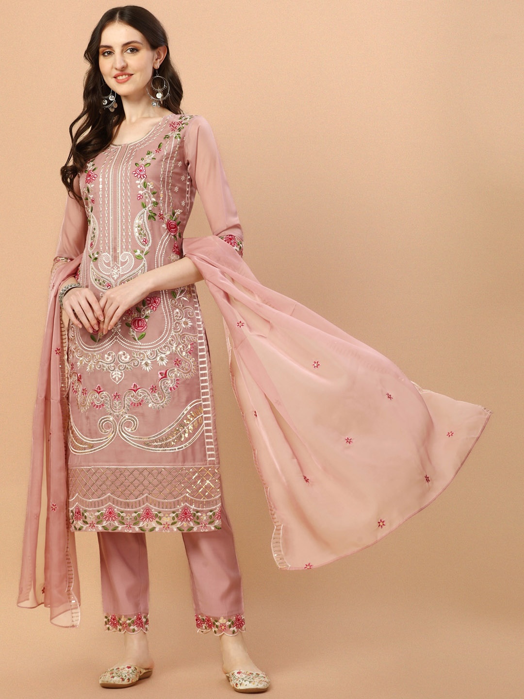 

KALINI Floral Embroidered Thread Work Straight Kurta With Trousers & Dupatta, Pink