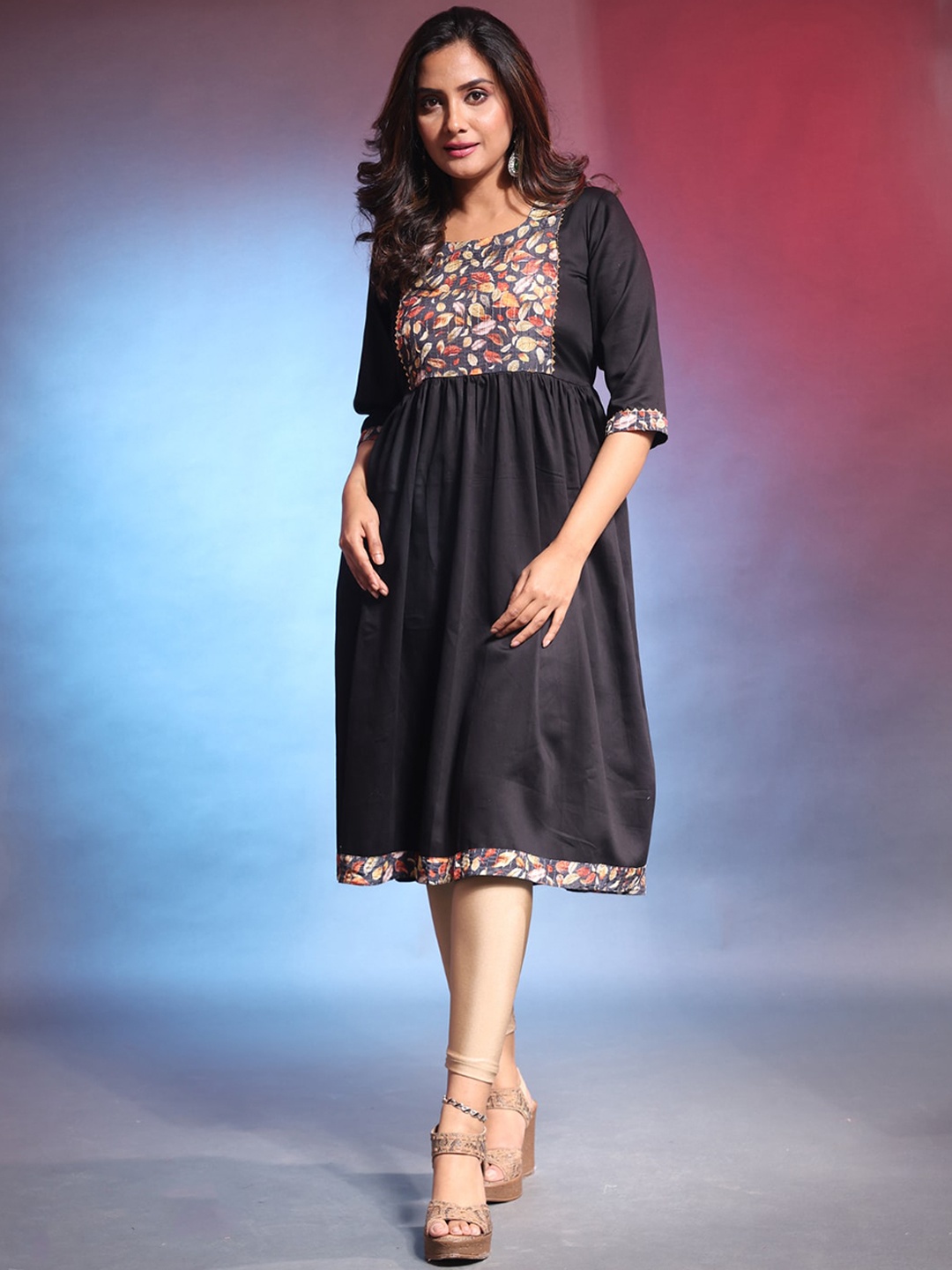 

Charukriti Floral Printed Gathered Cotton Fit & Flared Ethnic Dress, Black