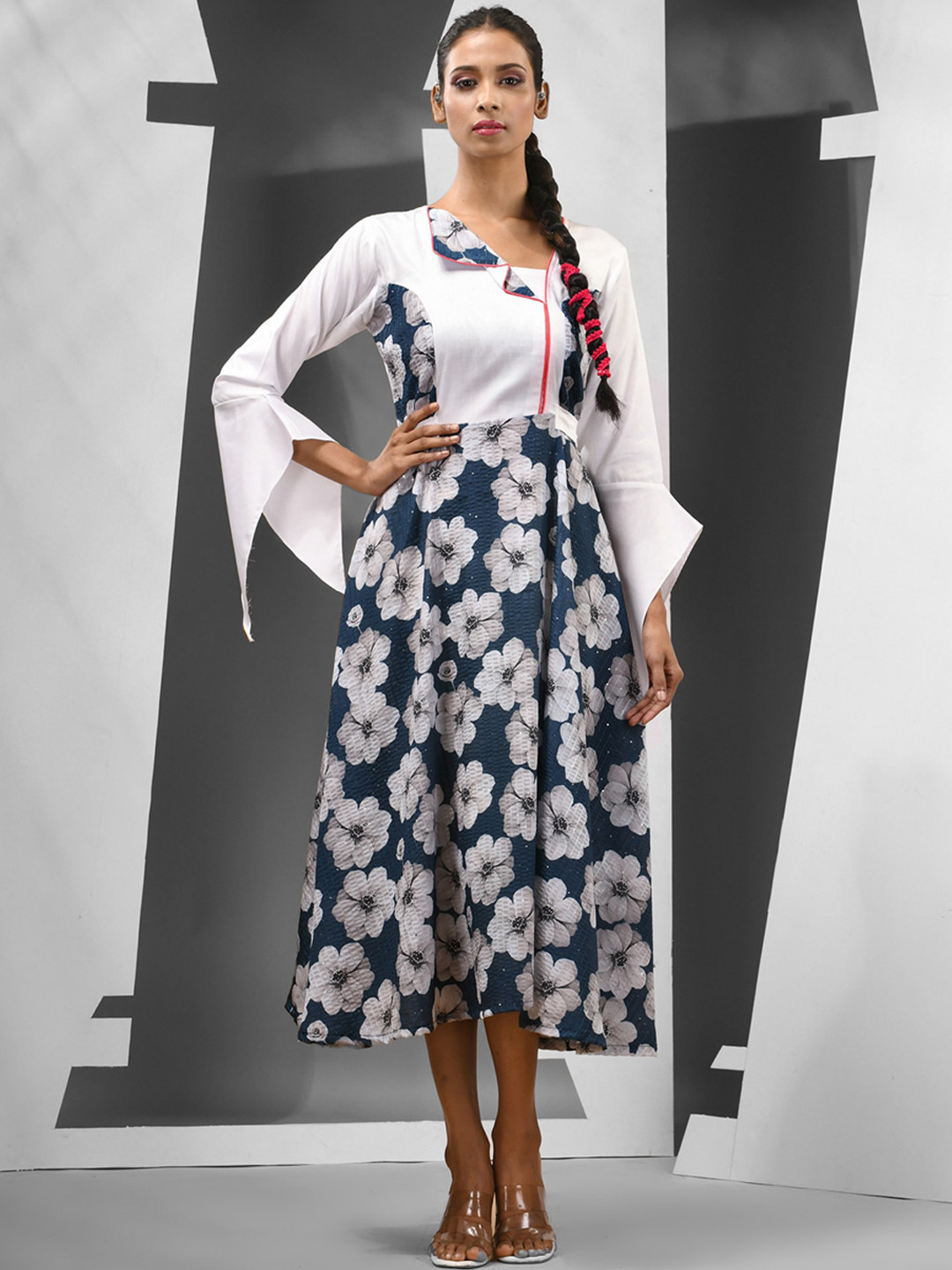 

Charukriti Floral Printed V-Neck Bell Sleeves A-Line Midi Ethnic Dress, Blue