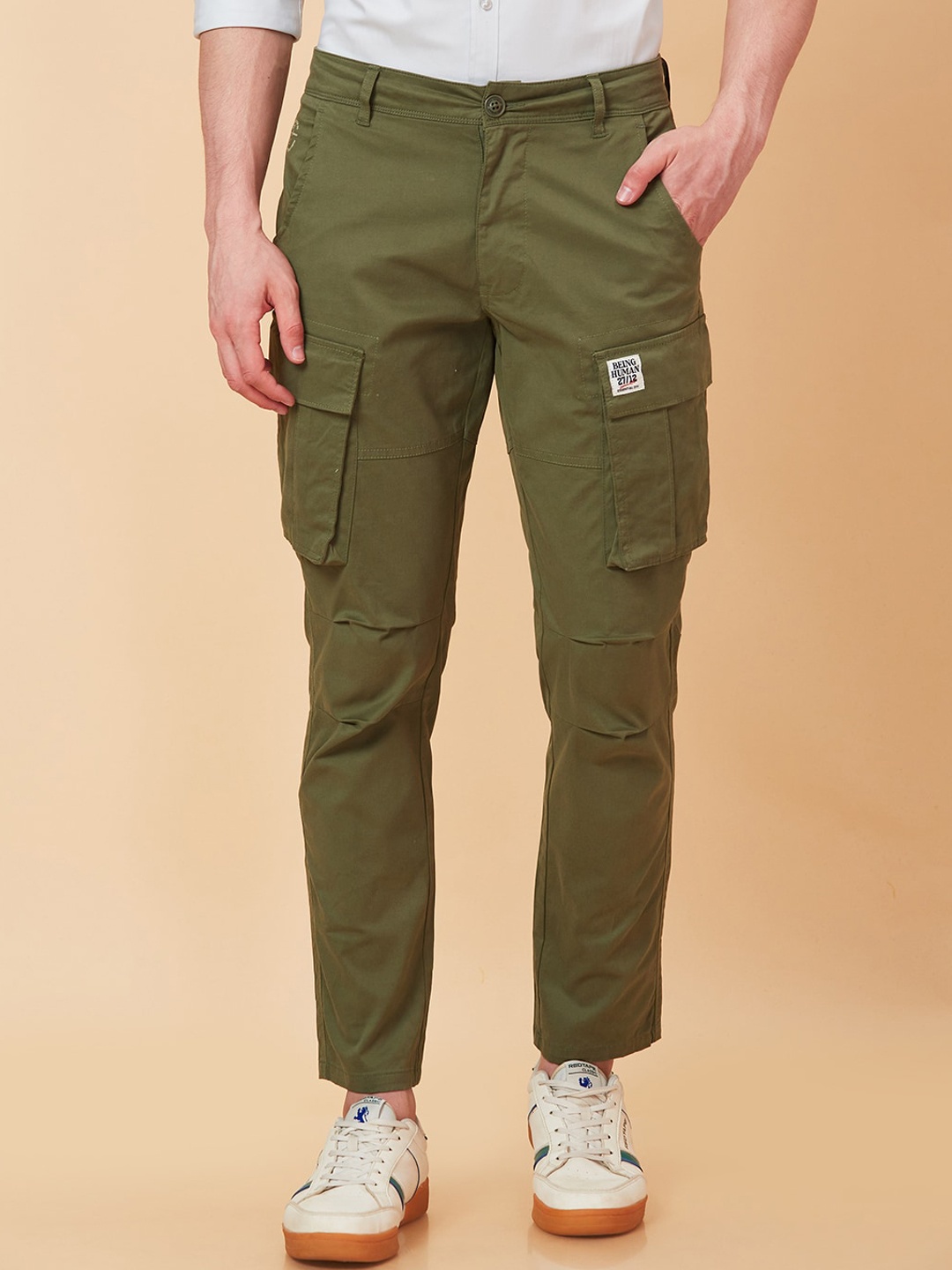 

Being Human Men Mid-Rise Plain Cotton Slim Fit Cargos Trouser, Green