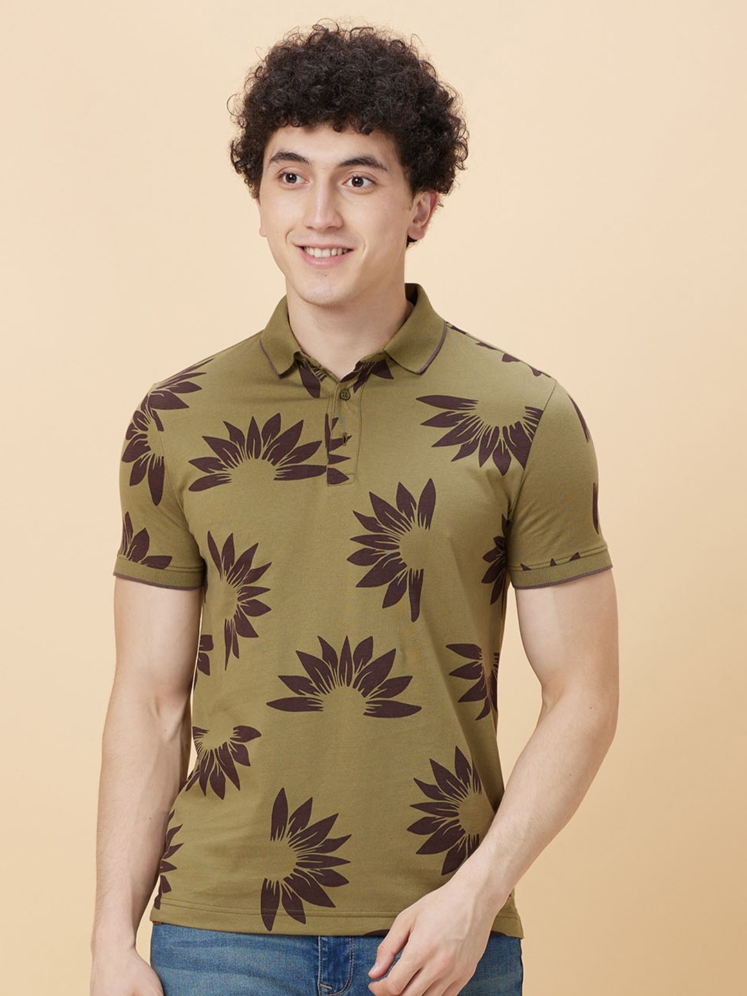 

Being Human Floral Printed Polo Collar T-shirt, Green