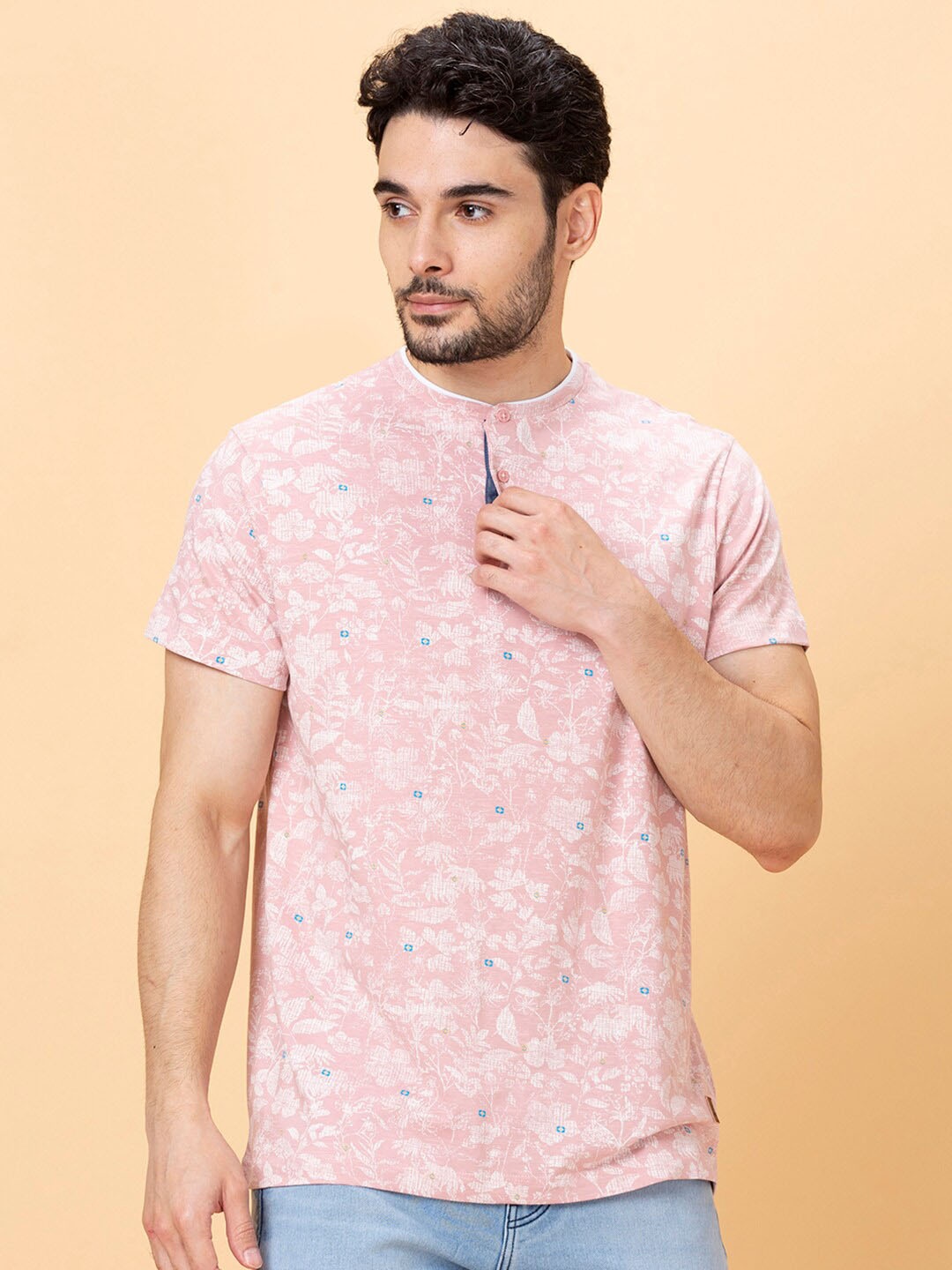 

Being Human Floral Printed Henley Neck T-shirt, Pink