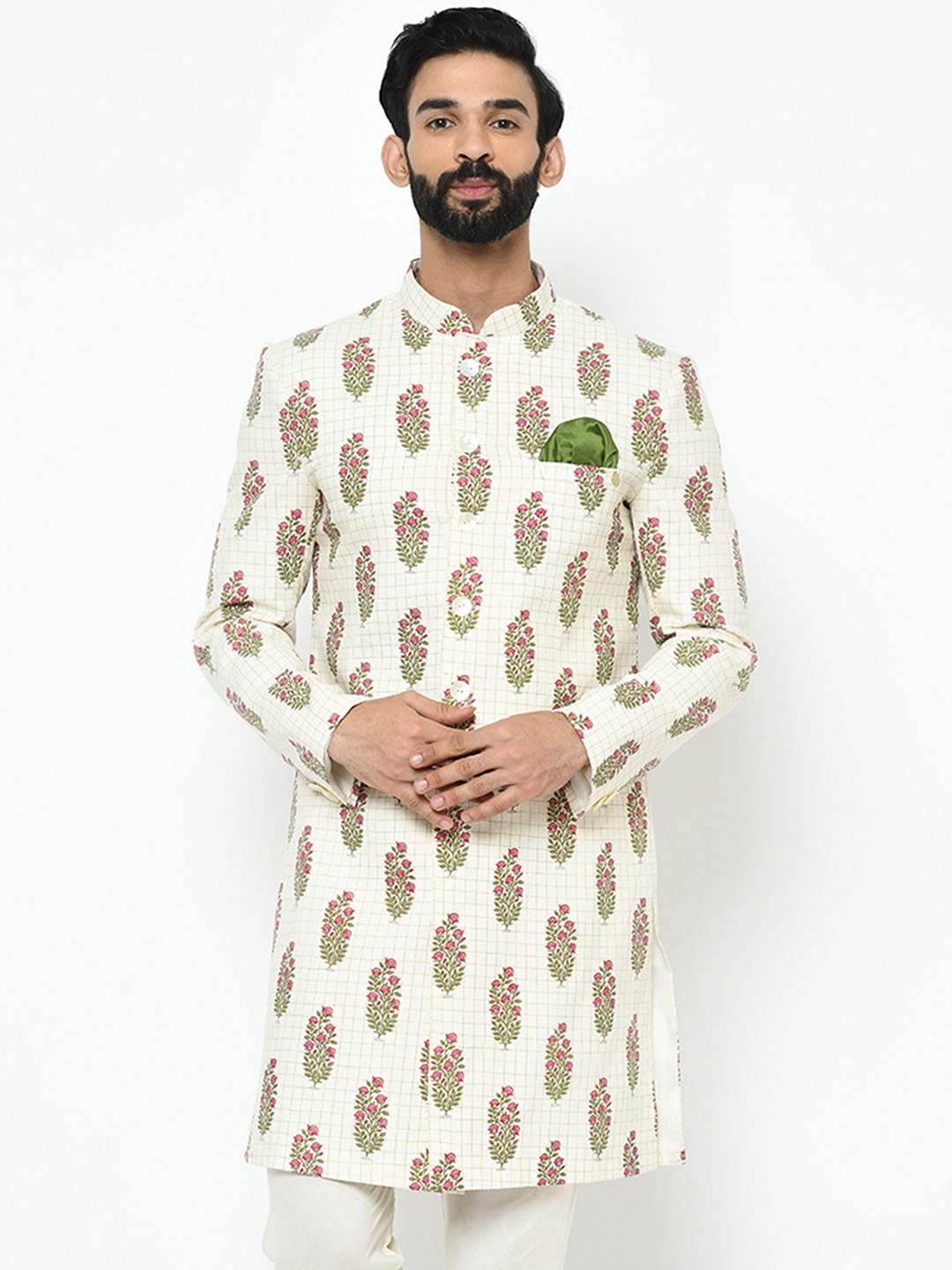 

KISAH Ethnic Motifs Printed Mandarin Collar Sherwani, White