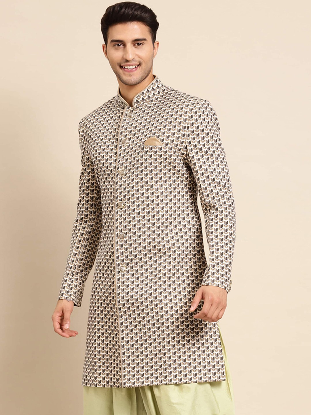 

KISAH Men Floral Printed Mandarin Collar Indowestern Sherwani, Beige