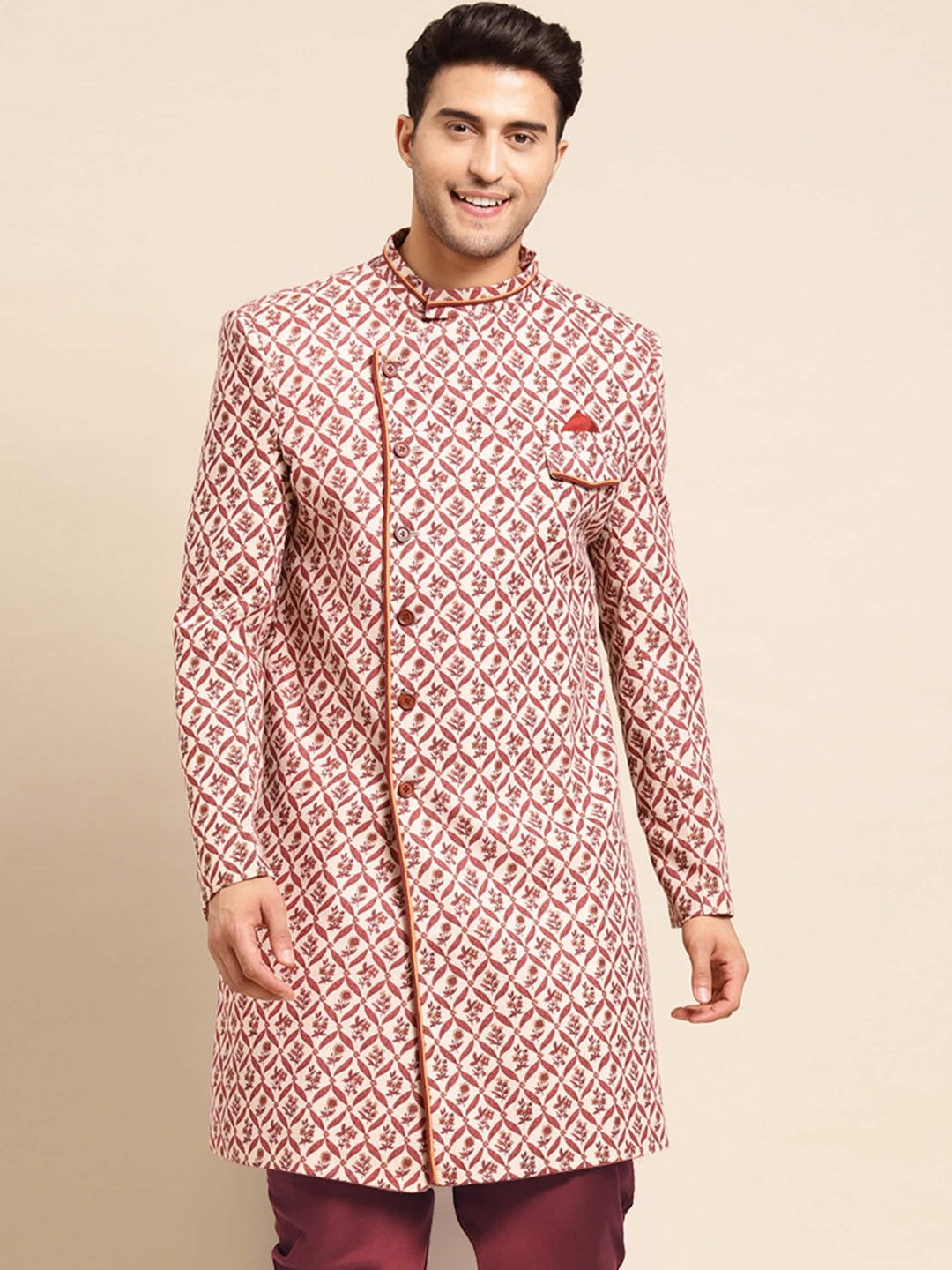 

KISAH Men Floral Printed Mandarin Collar Indowestern Sherwani, Maroon