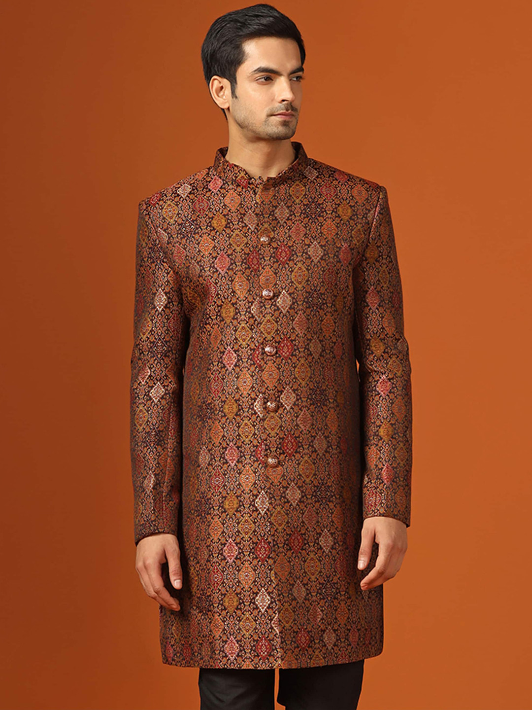 

KISAH Men Ethnic Motifs Printed Mandarin Collar Indowestern Sherwani, Brown