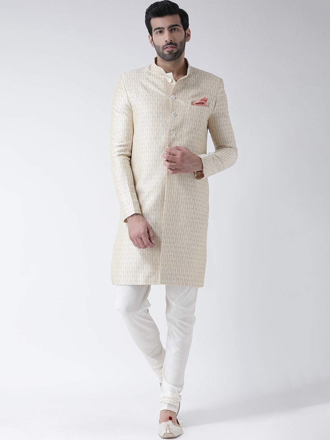 KISAH Men Floral Embroidered Mandarin Collar Indowestern Sherwani, Cream