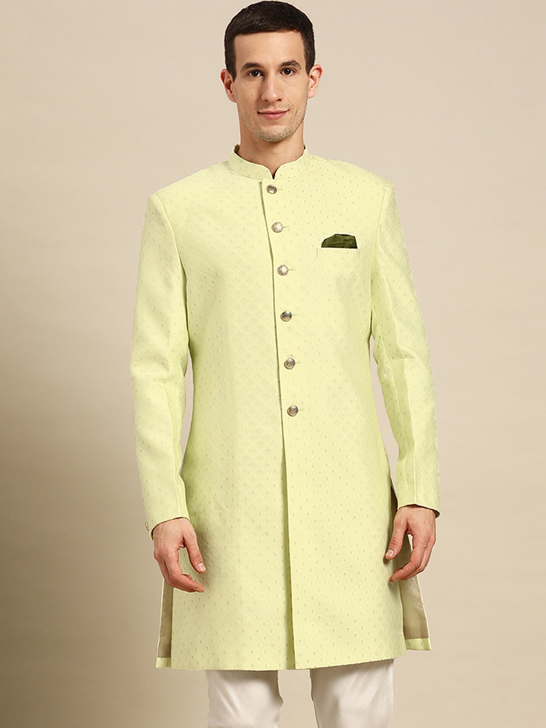 

KISAH Men Floral Embroidered Mandarin Collar Indowestern Sherwani, Green