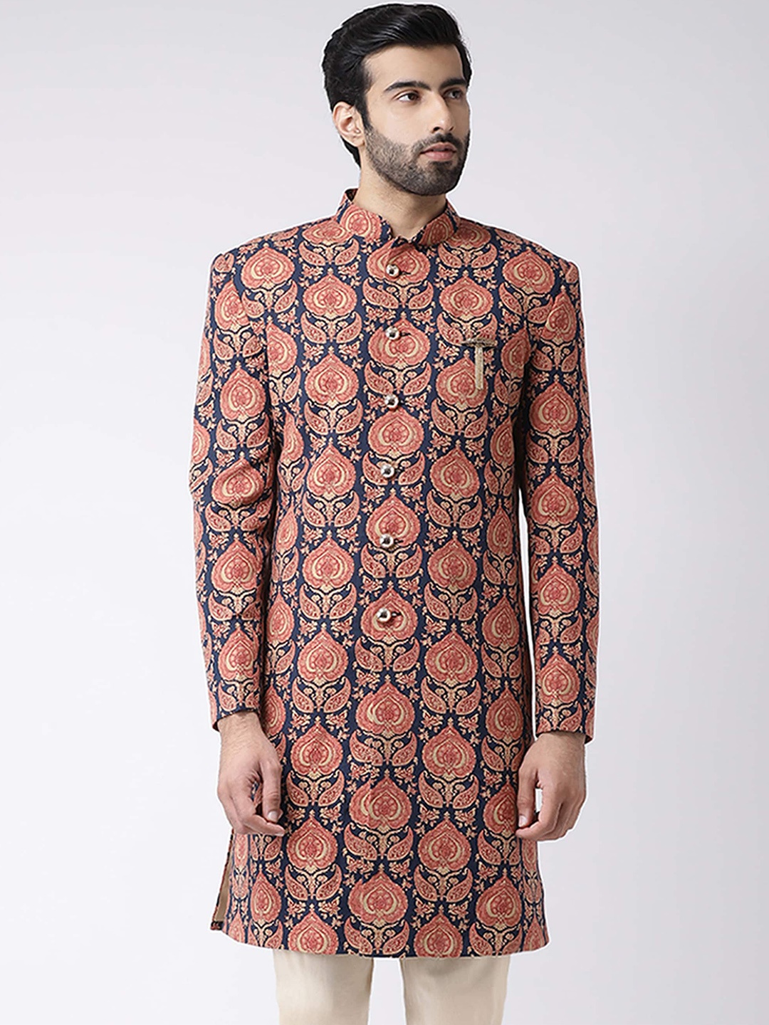 

KISAH Men Ethnic Motifs Printed Mandarin Collar Indowestern Sherwani, Blue