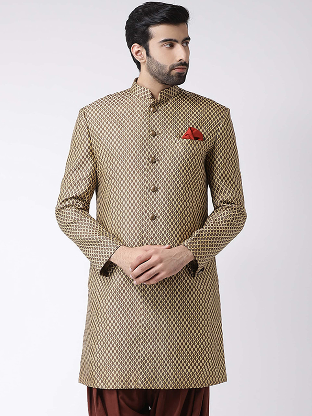 

KISAH Men Ethnic Motifs Woven Design Mandarin Collar Indowestern Sherwani, Brown
