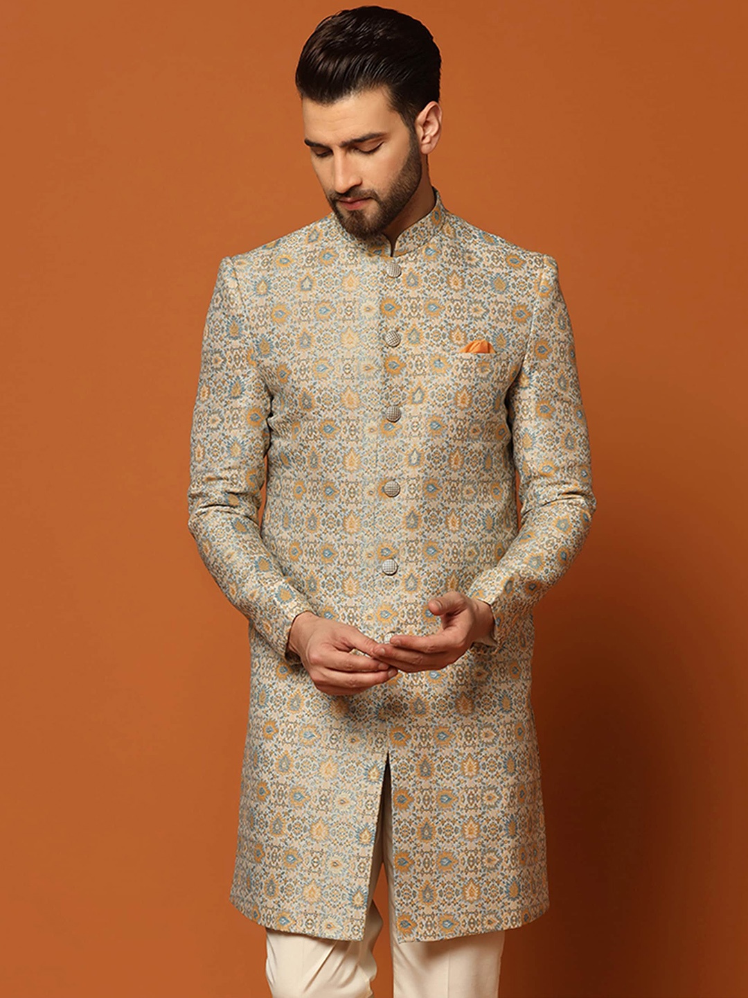 

KISAH Men Ethnic Motifs Woven Design Mandarin Collar Indowestern Sherwani, Beige