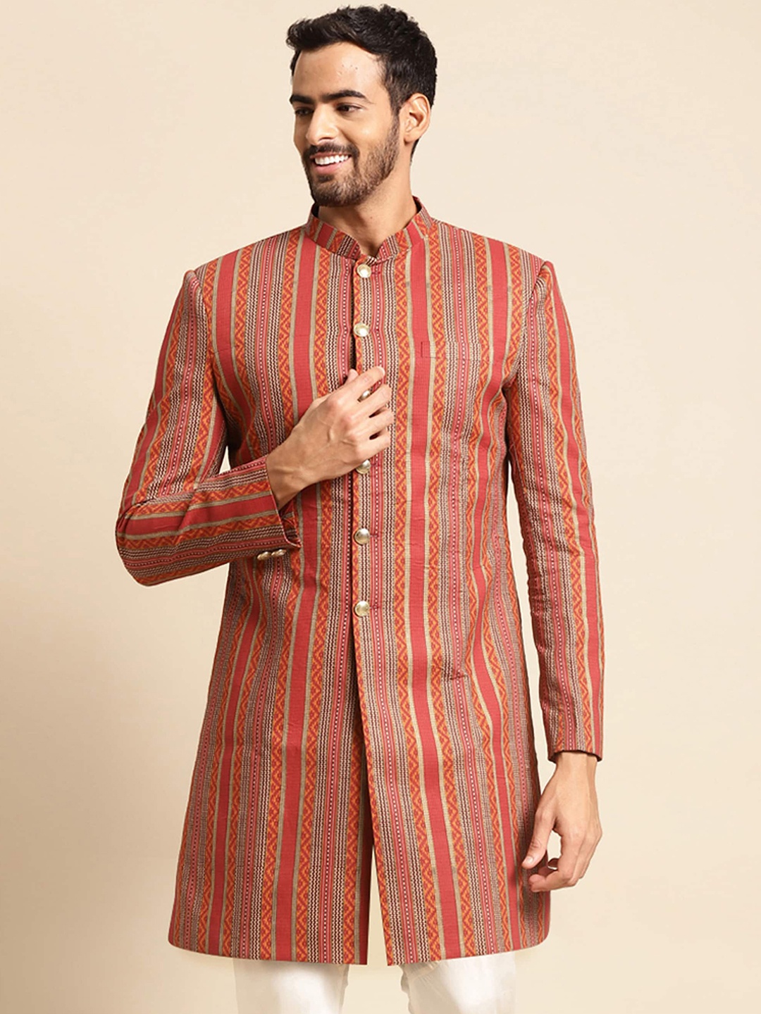 

KISAH Men Striped Mandarin Collar Indowestern Sherwani, Red