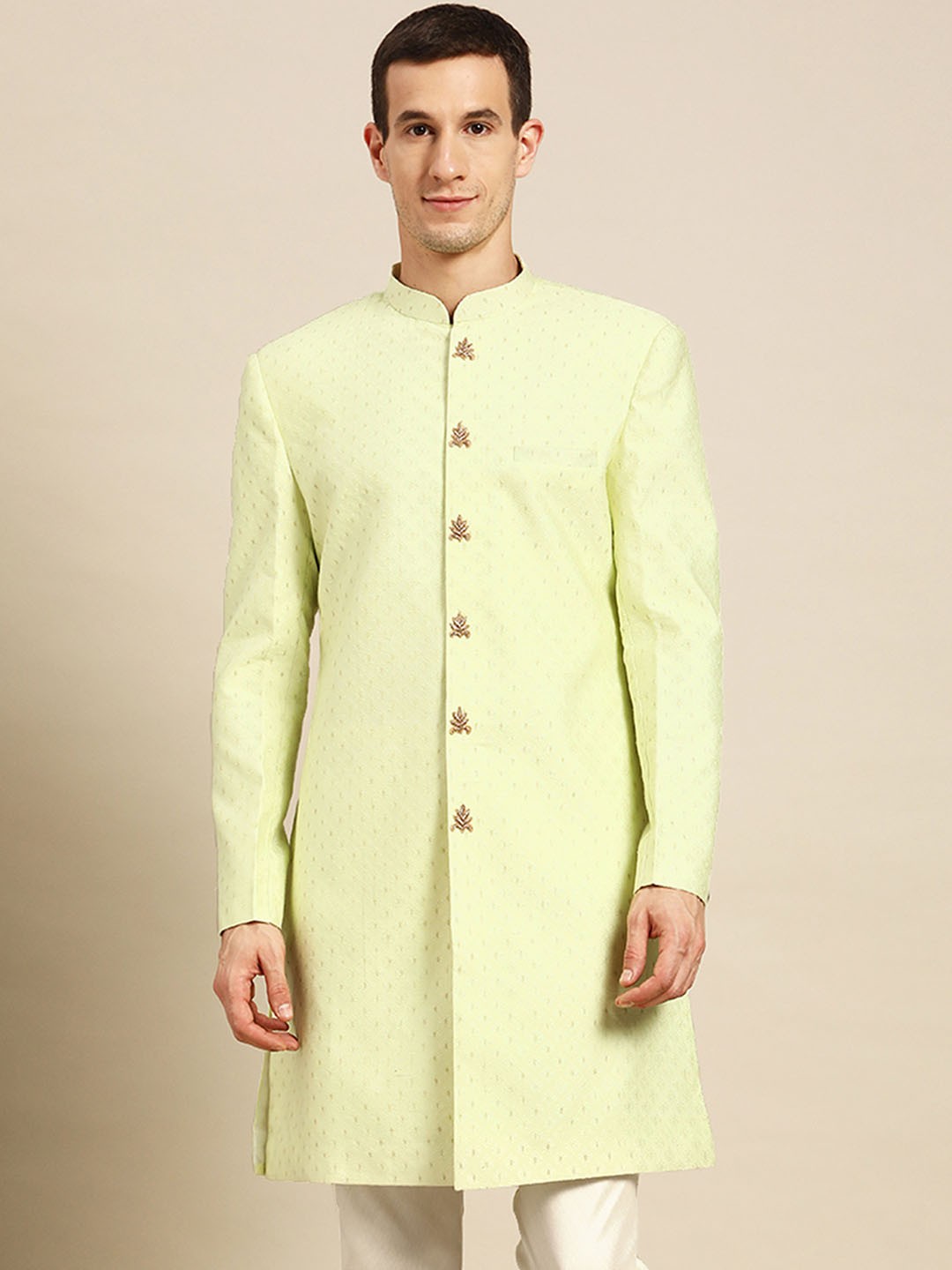 KISAH Men Floral Embroidered Mandarin Collar Indowestern Sherwani, Green