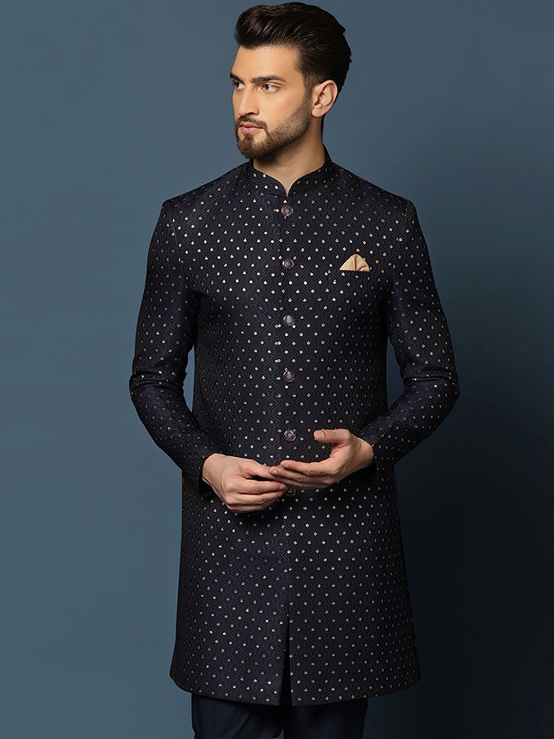 

KISAH Men Ethnic Motifs Self Design Mandarin Collar Indowestern Sherwani, Navy blue