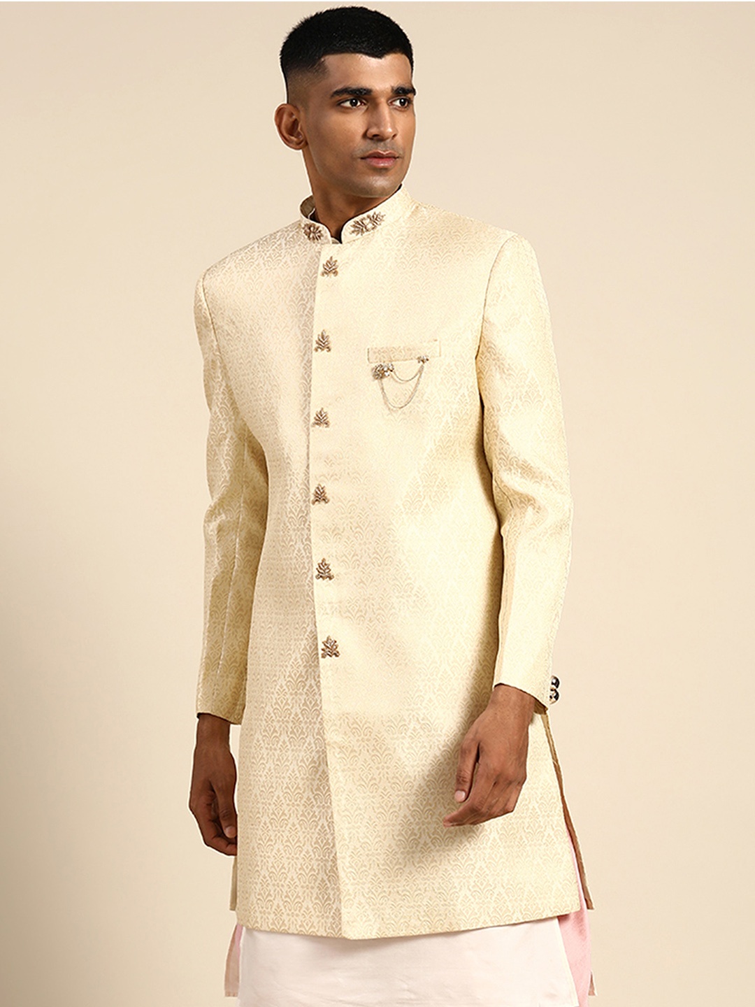 

KISAH Men Ethnic Motifs Woven Design Mandarin Collar Indowestern Sherwani, Cream