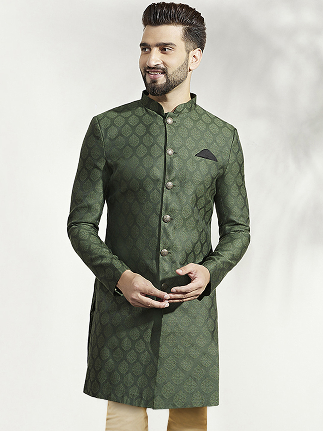 

KISAH Men Ethnic Motifs Woven Design Mandarin Collar Indowestern Sherwani, Green