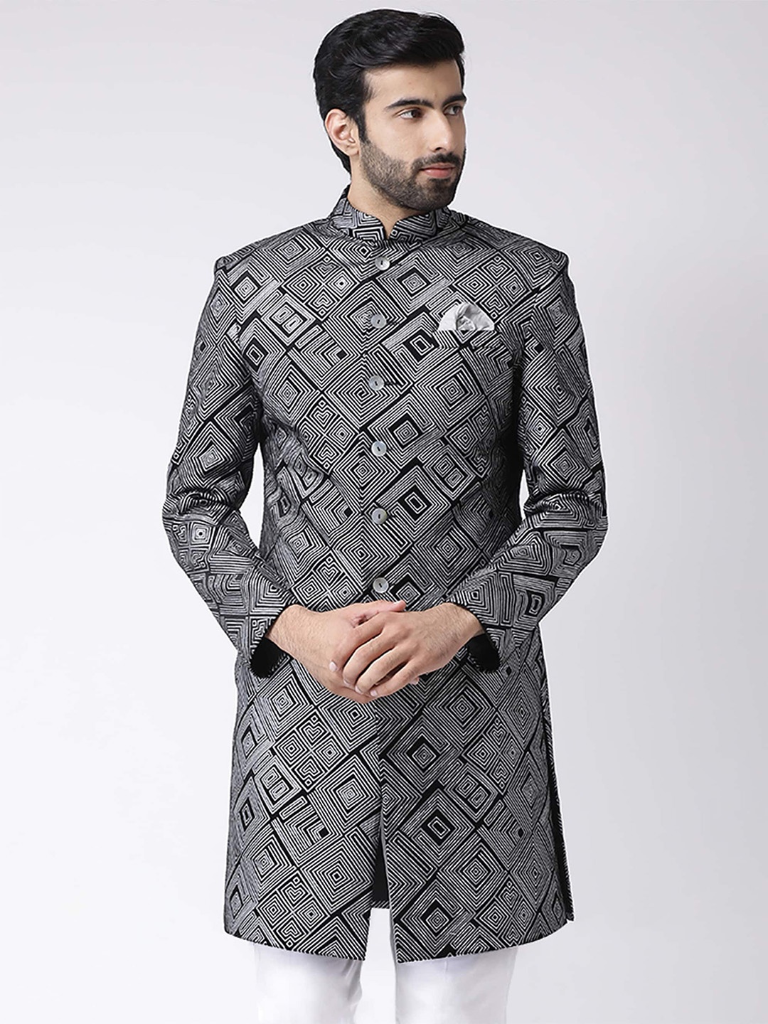 

KISAH Men Geometric Printed Mandarin Collar Indowestern Sherwani, Black