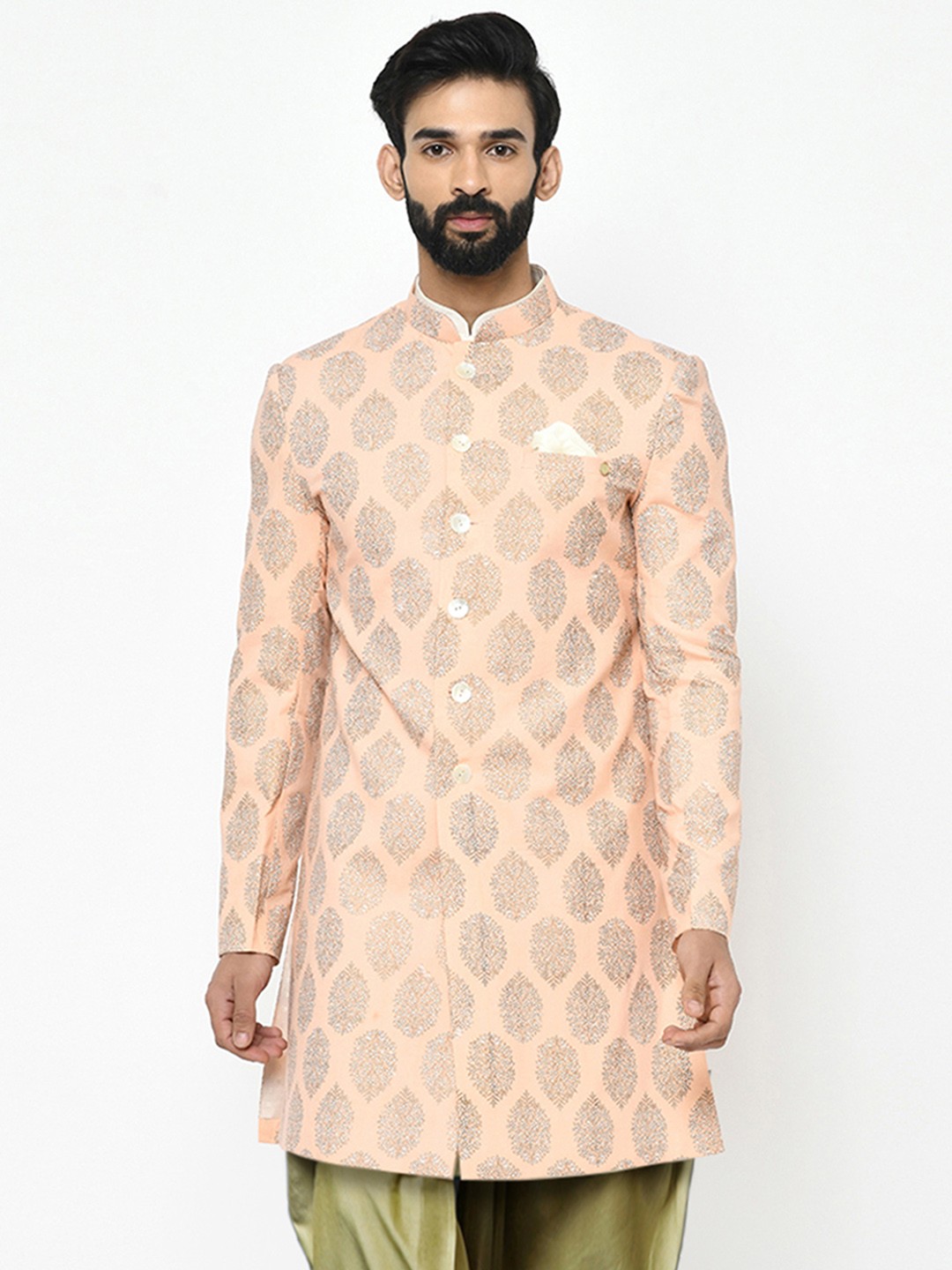 

KISAH Men Ethnic Motifs Printed Mandarin Collar Indowestern Sherwani, Peach
