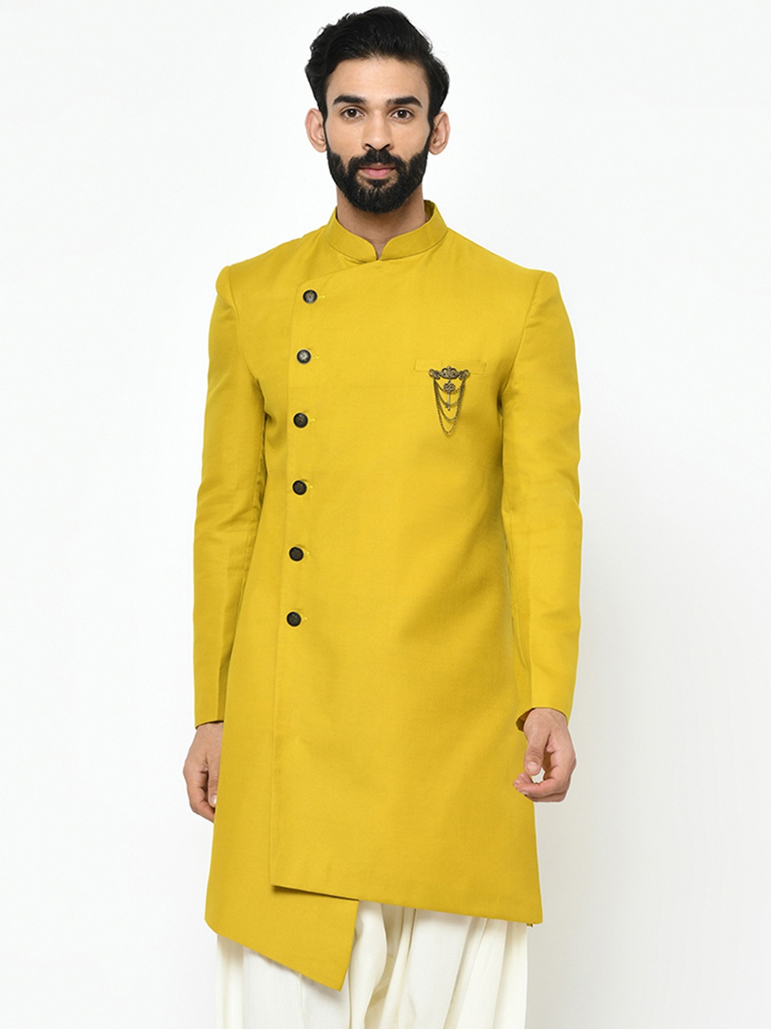 

KISAH Men Mandarin Collar Indowestern Sherwani, Mustard