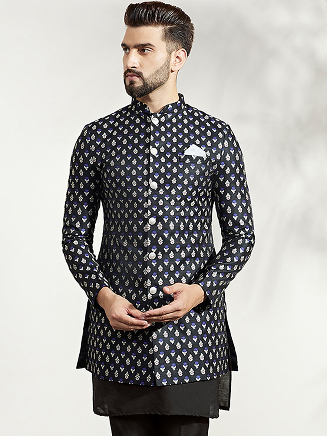 

KISAH Men Floral Woven Design Mandarin Collar Indowestern Sherwani, Black
