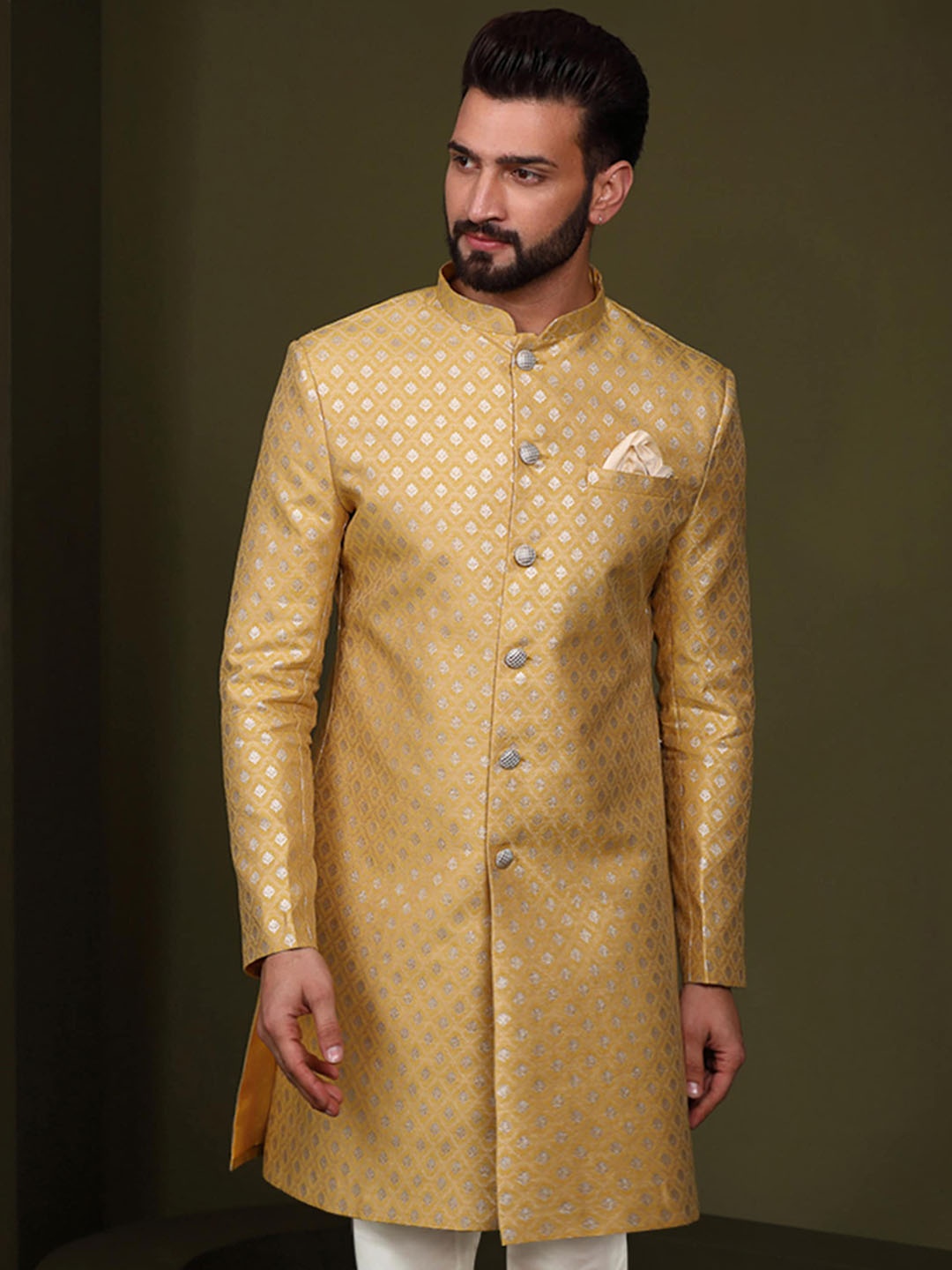 

KISAH Men Ethnic Motifs Woven Design Mandarin Collar Indowestern Sherwani, Yellow