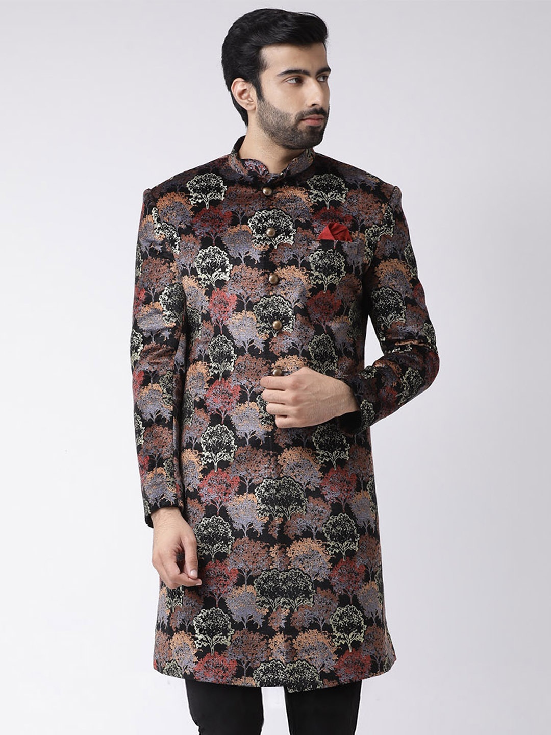 

KISAH Men Floral Printed Mandarin Collar Indowestern Sherwani, Black