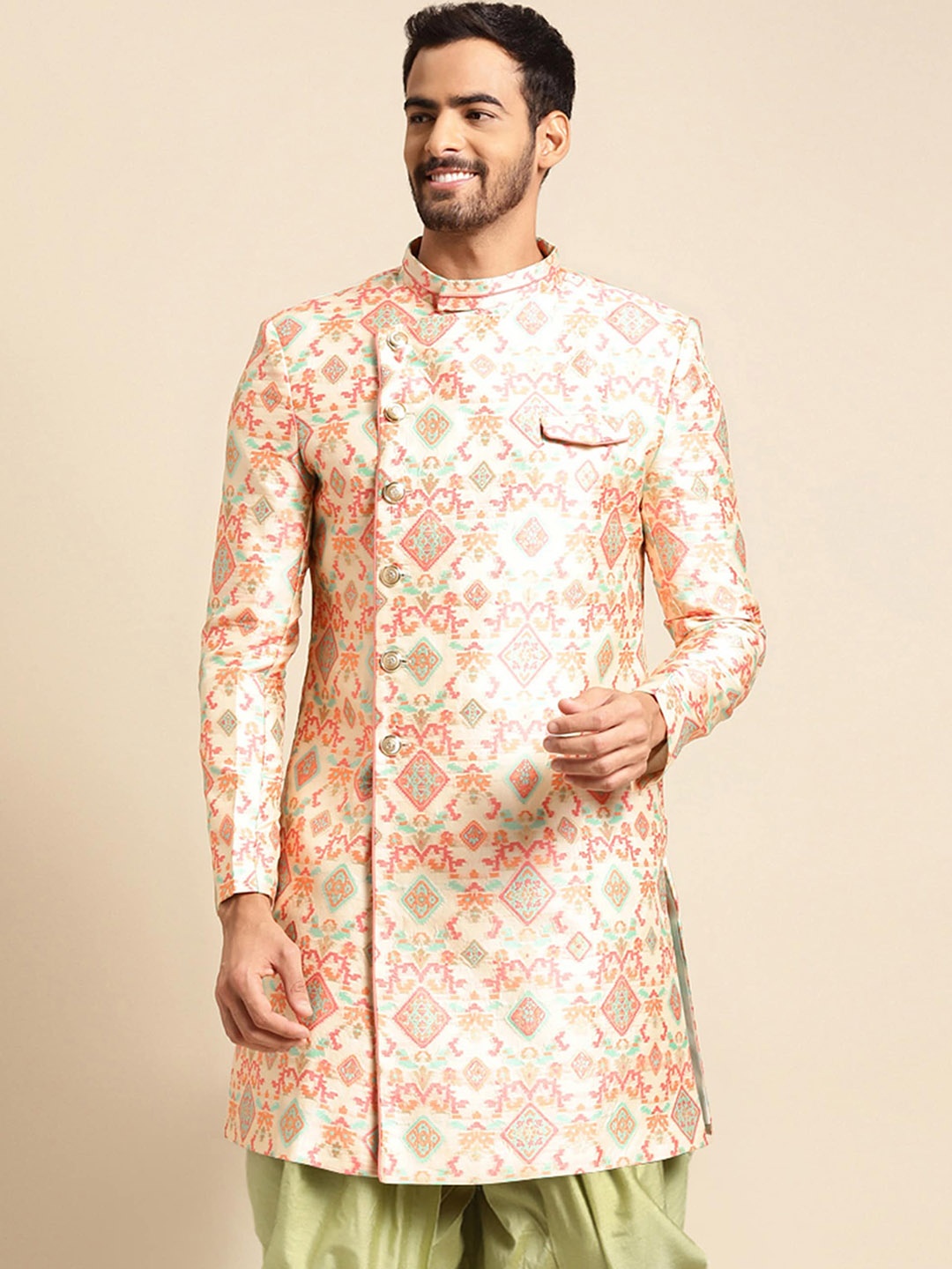 KISAH Men Ethnic Motifs Woven Design Mandarin Collar Indowestern Sherwani, Pink