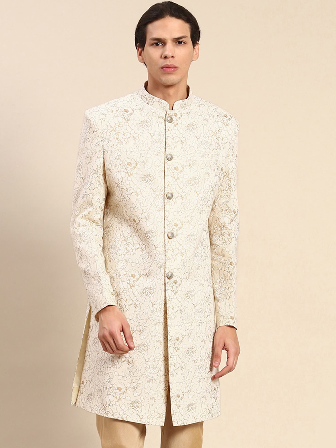 

KISAH Men Floral Printed Mandarin Collar Indowestern Sherwani, Off white