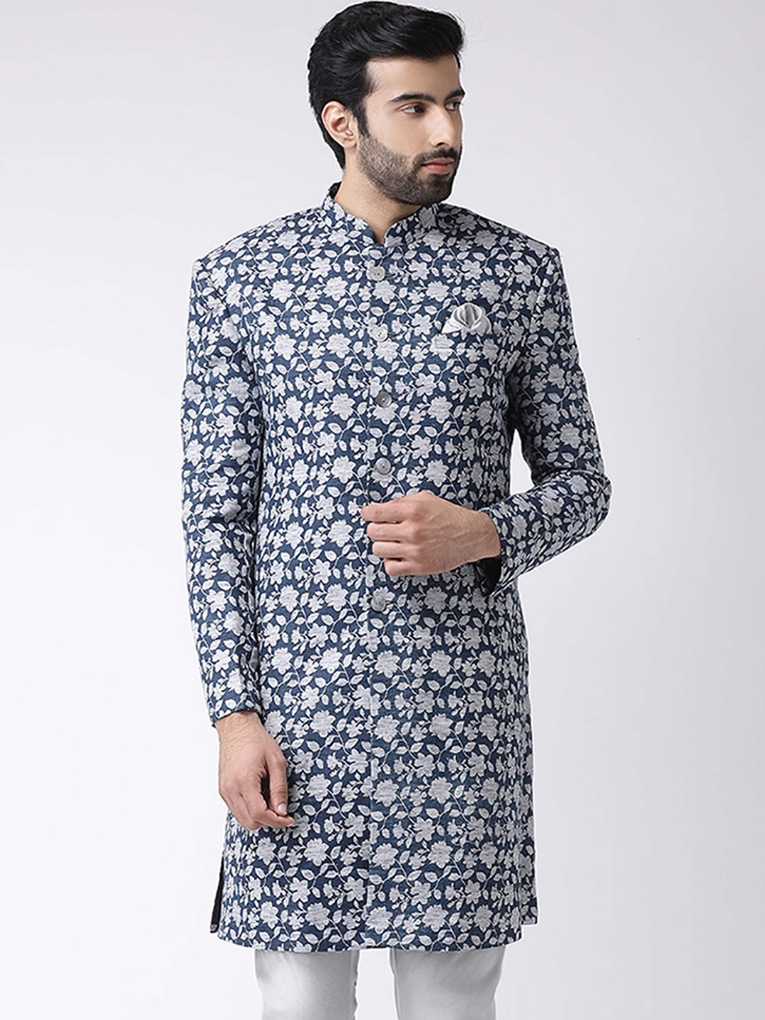 

KISAH Men Floral Printed Mandarin Collar Indowestern Sherwani, Blue