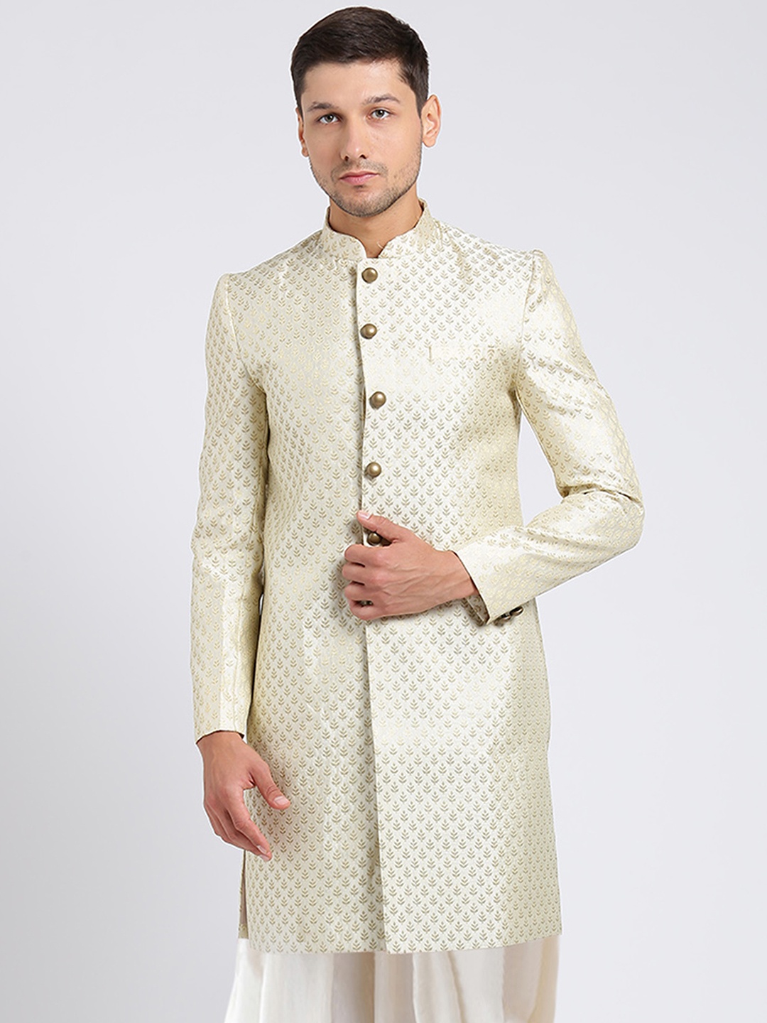 

KISAH Men Floral Woven Design Mandarin Collar Indowestern Sherwani, Cream