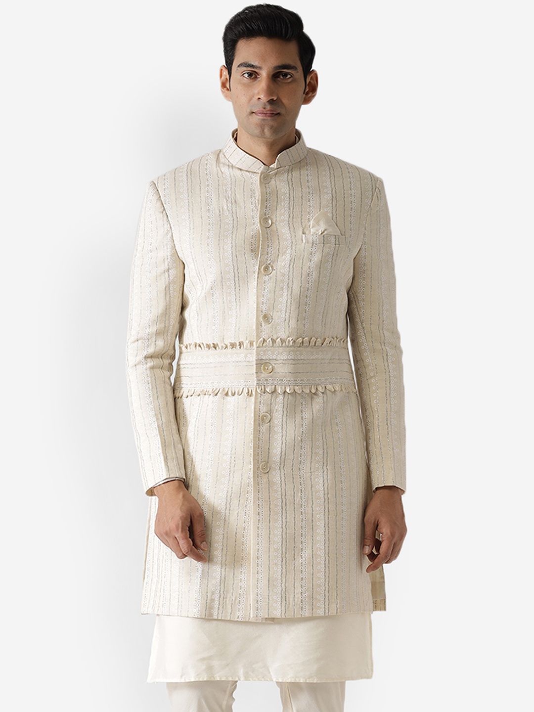 

KISAH Men Mandarin Collar Indowestern Sherwani, Beige