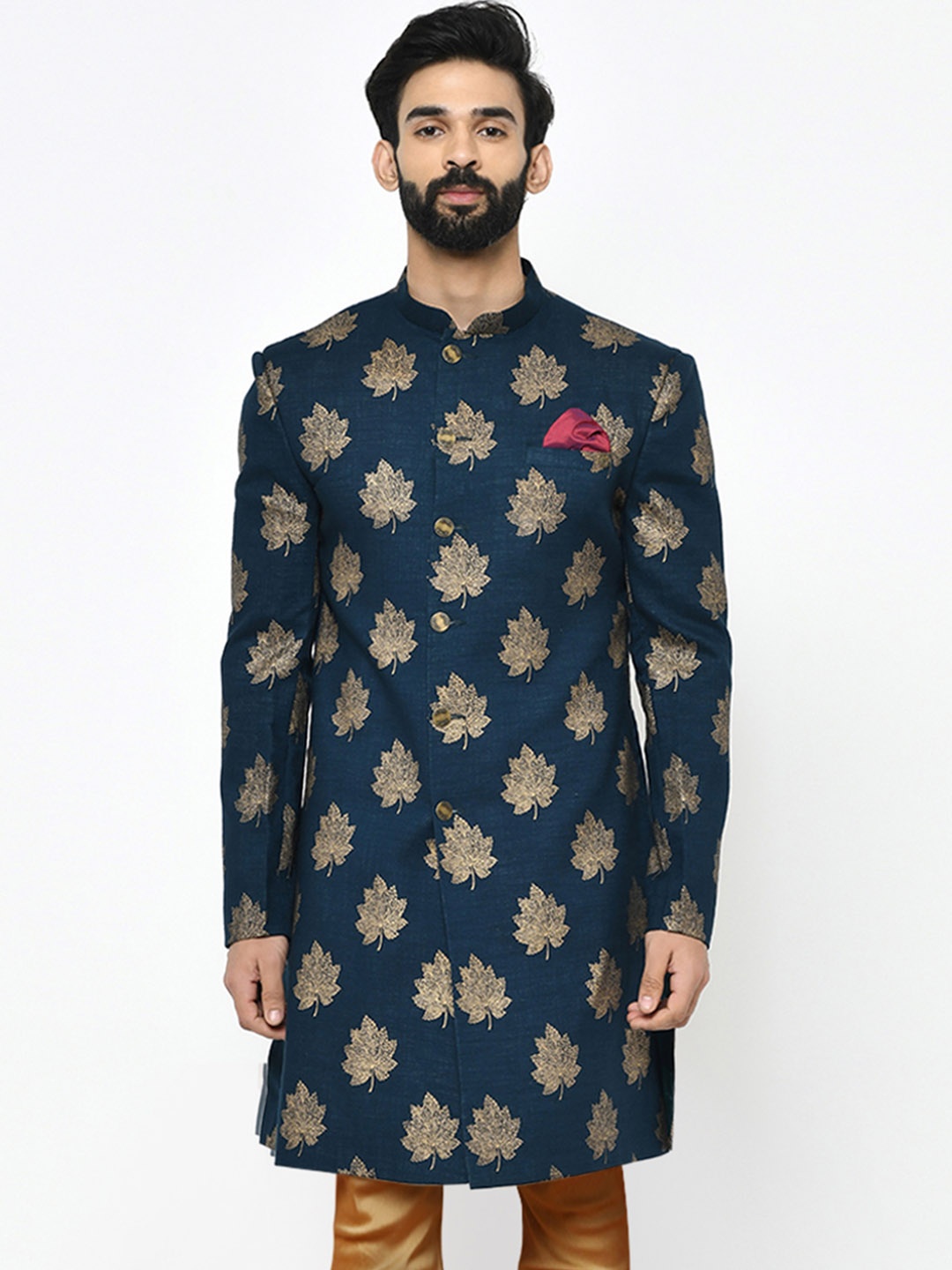 

KISAH Men Floral Foil Printed Mandarin Collar Indowestern Sherwani, Blue