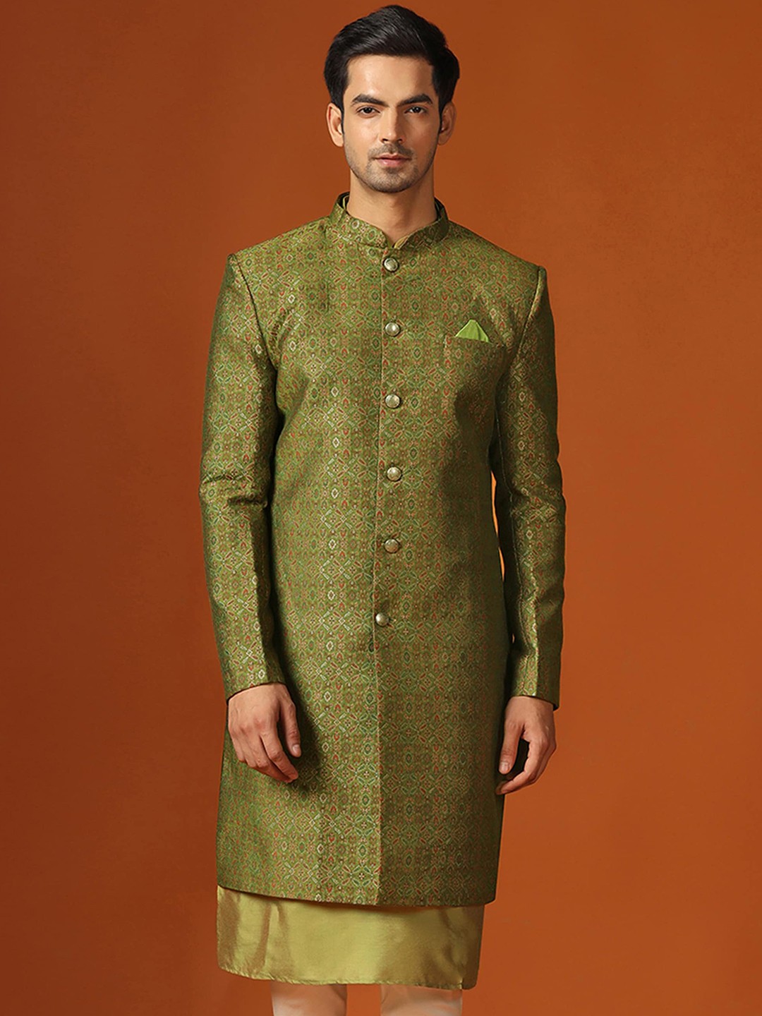 

KISAH Men Floral Woven Design Mandarin Collar Indowestern Sherwani, Green