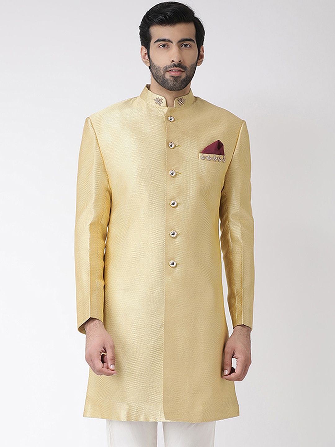 

KISAH Men Self Design Mandarin Collar Indowestern Sherwani, Gold