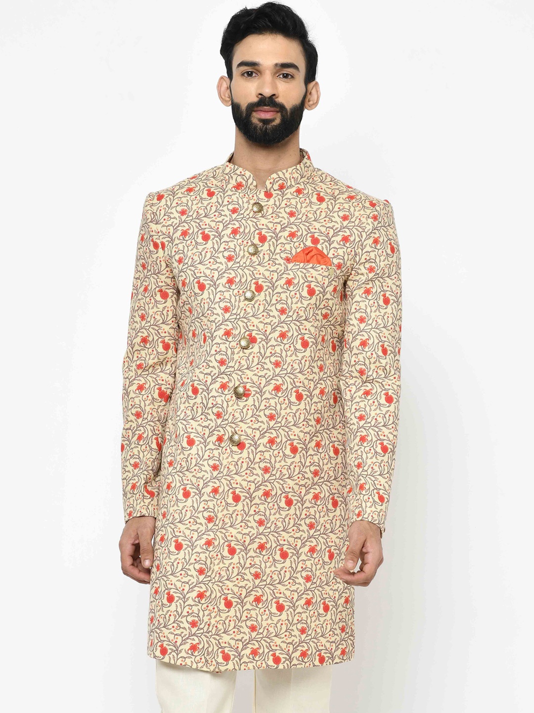 

KISAH Men Floral Printed Mandarin Collar Indowestern Sherwani, Orange