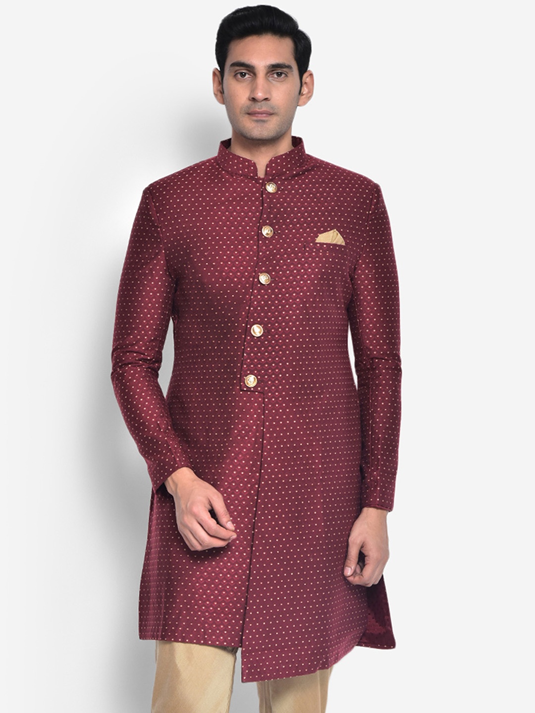 

KISAH Men Ethnic Motifs Woven Design Mandarin Collar Indowestern Sherwani, Maroon