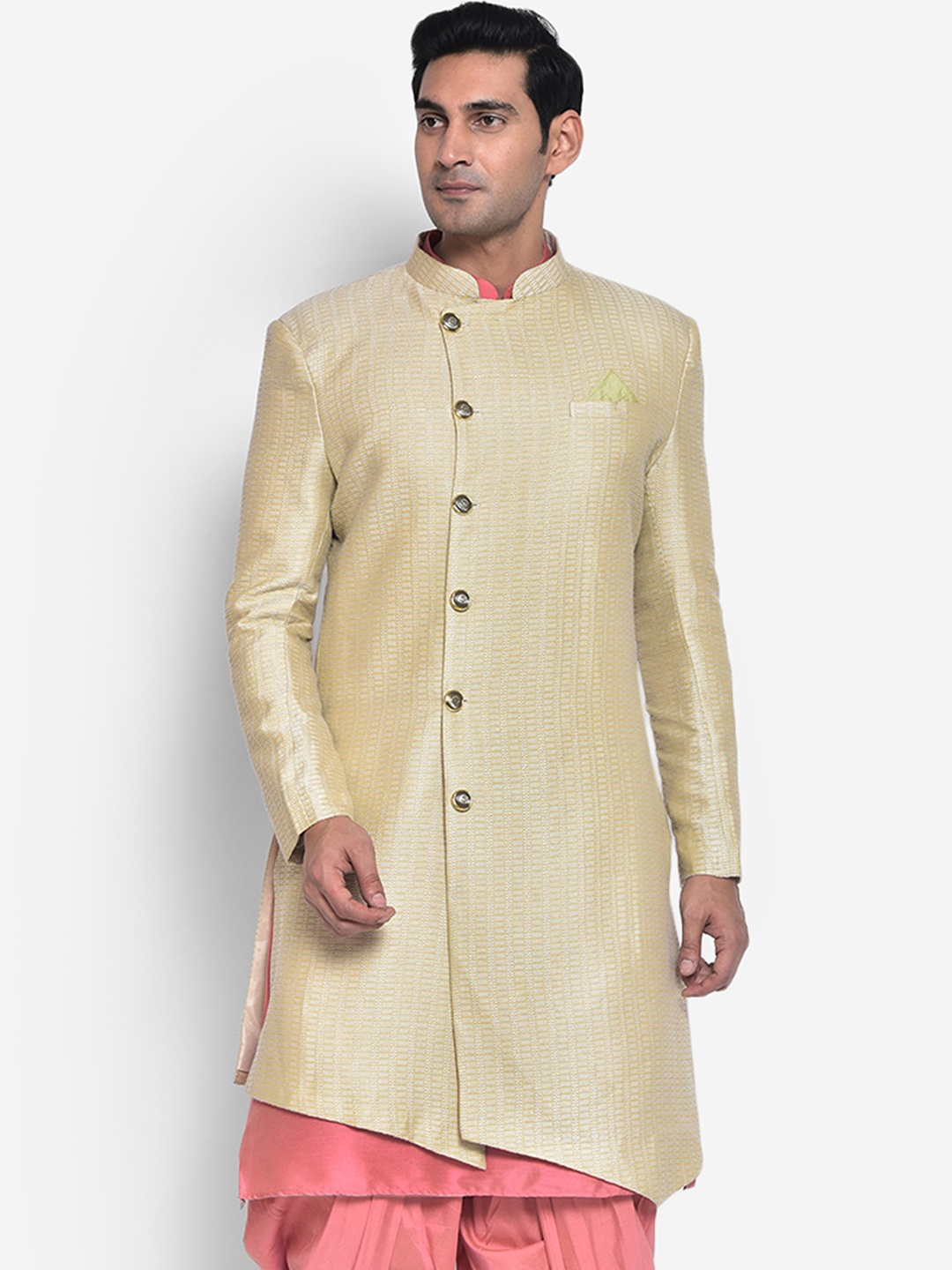 

KISAH Men Self Design Mandarin Collar Indowestern Sherwani, Beige