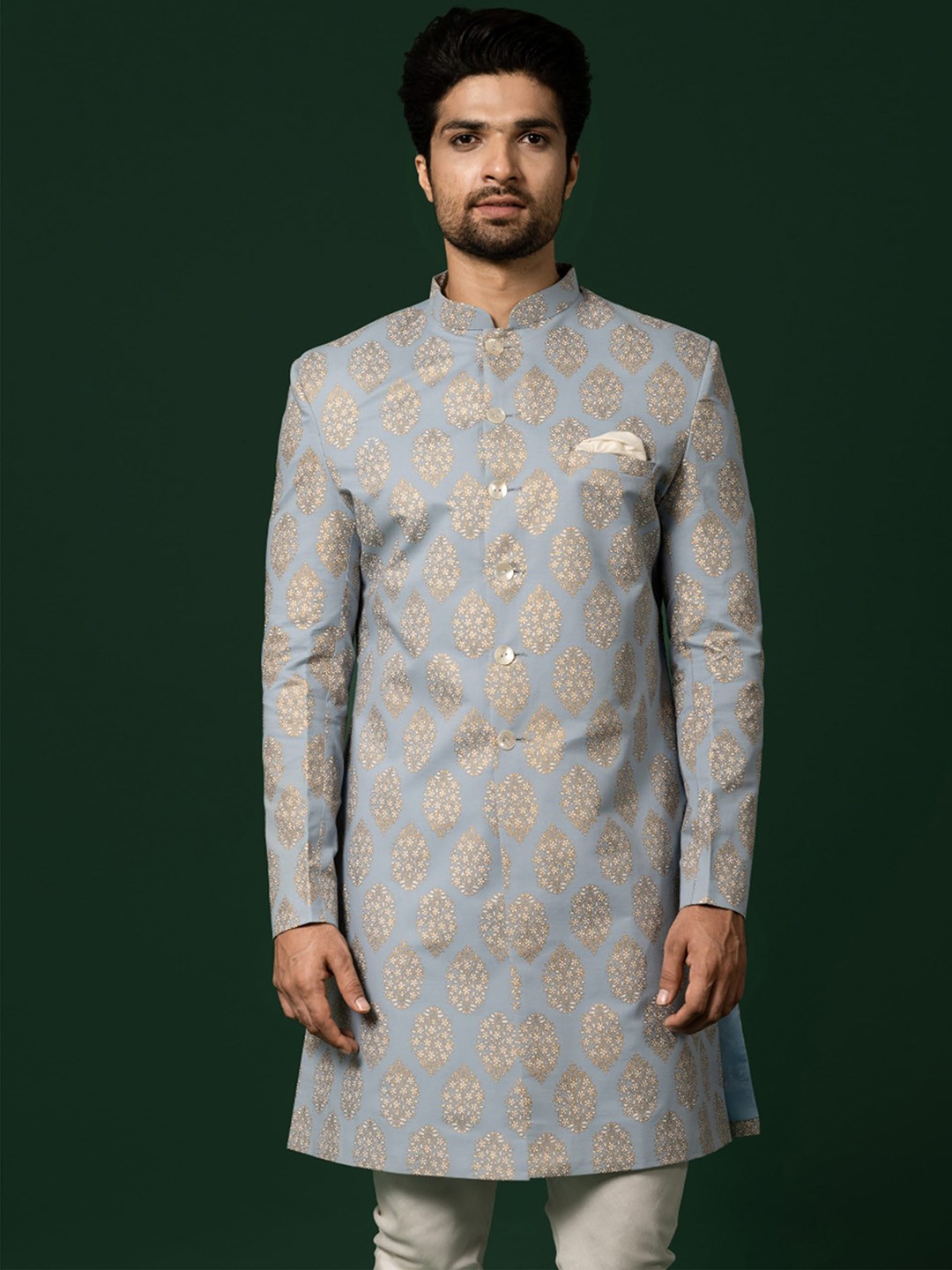 

KISAH Men Ethnic Motifs Printed Mandarin Collar Indowestern Sherwani, Blue