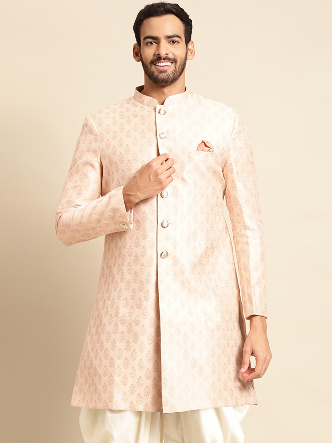 

KISAH Men Ethnic Motifs Woven Design Mandarin Collar Indowestern Sherwani, Beige