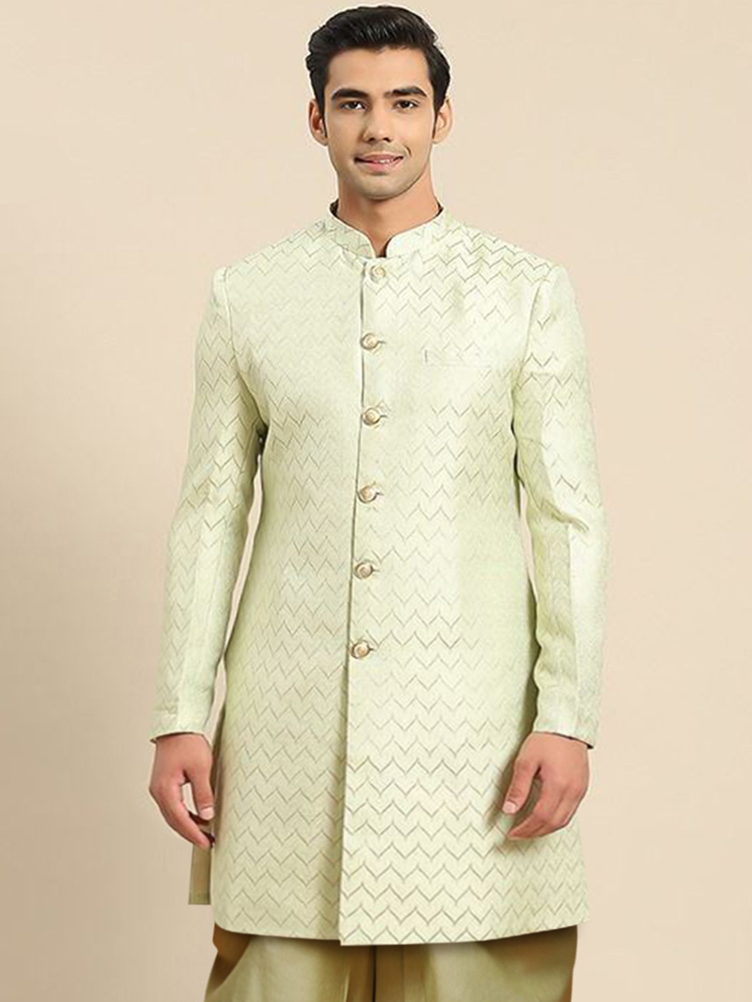 

KISAH Men Geometric Self Design Mandarin Collar Indowestern Sherwani, Green